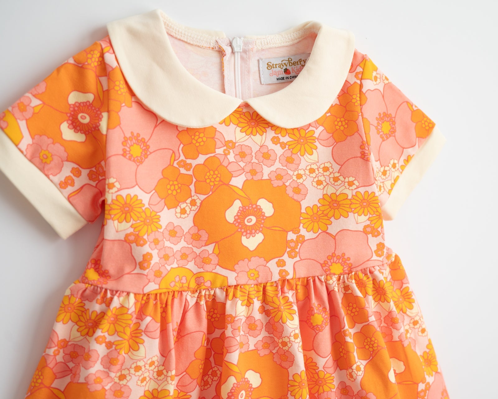 Girls' Mod Collar Dress In Orange And Pink Flower Power