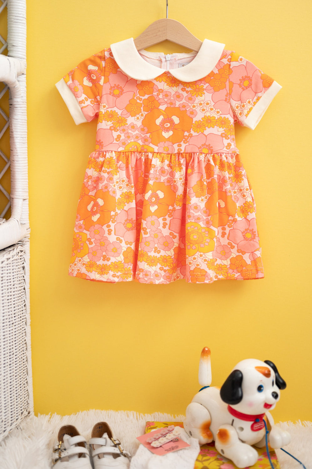 Girls' Mod Collar Dress In Orange And Pink Flower Power