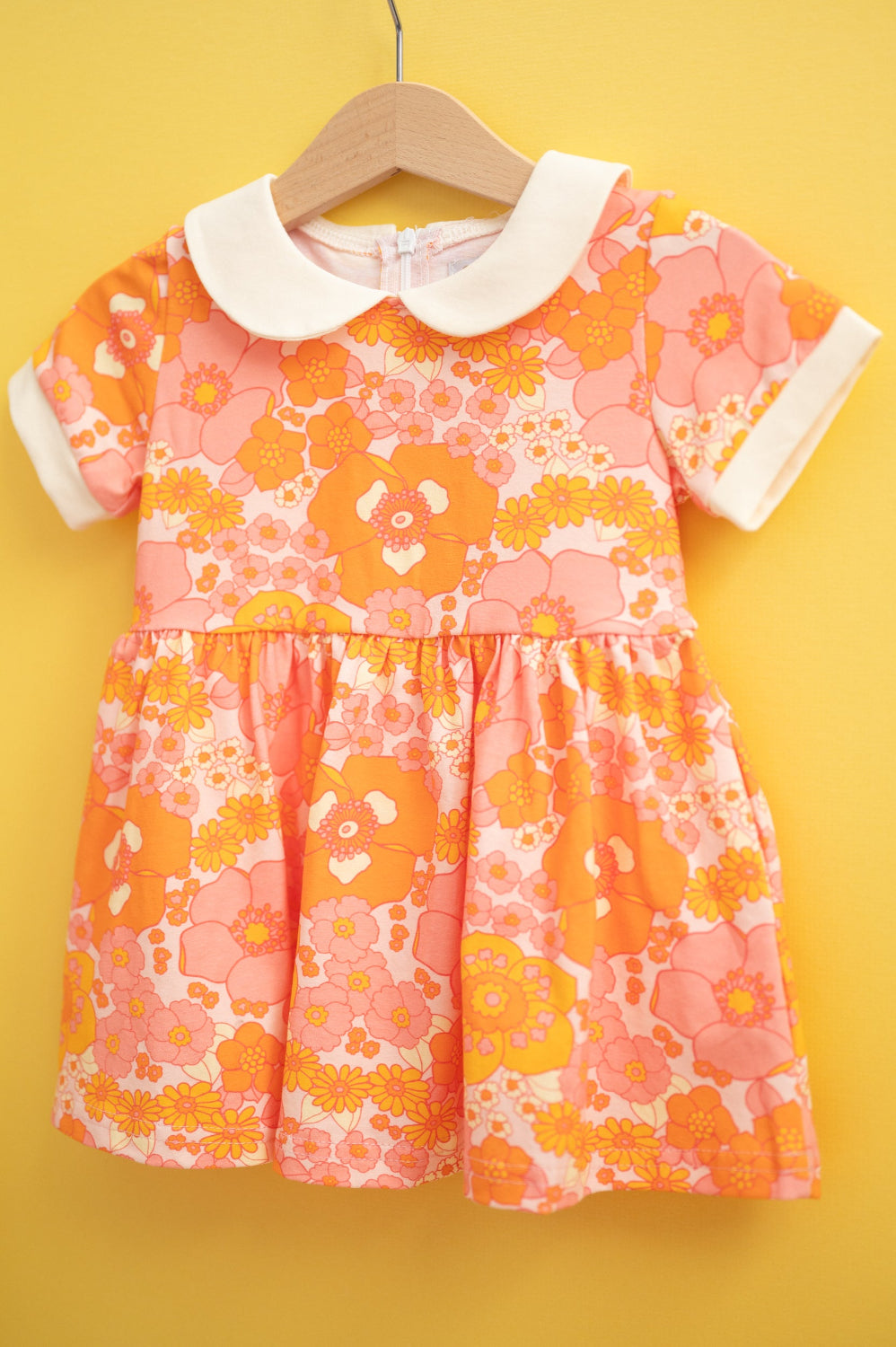 Girls' Mod Collar Dress In Orange And Pink Flower Power