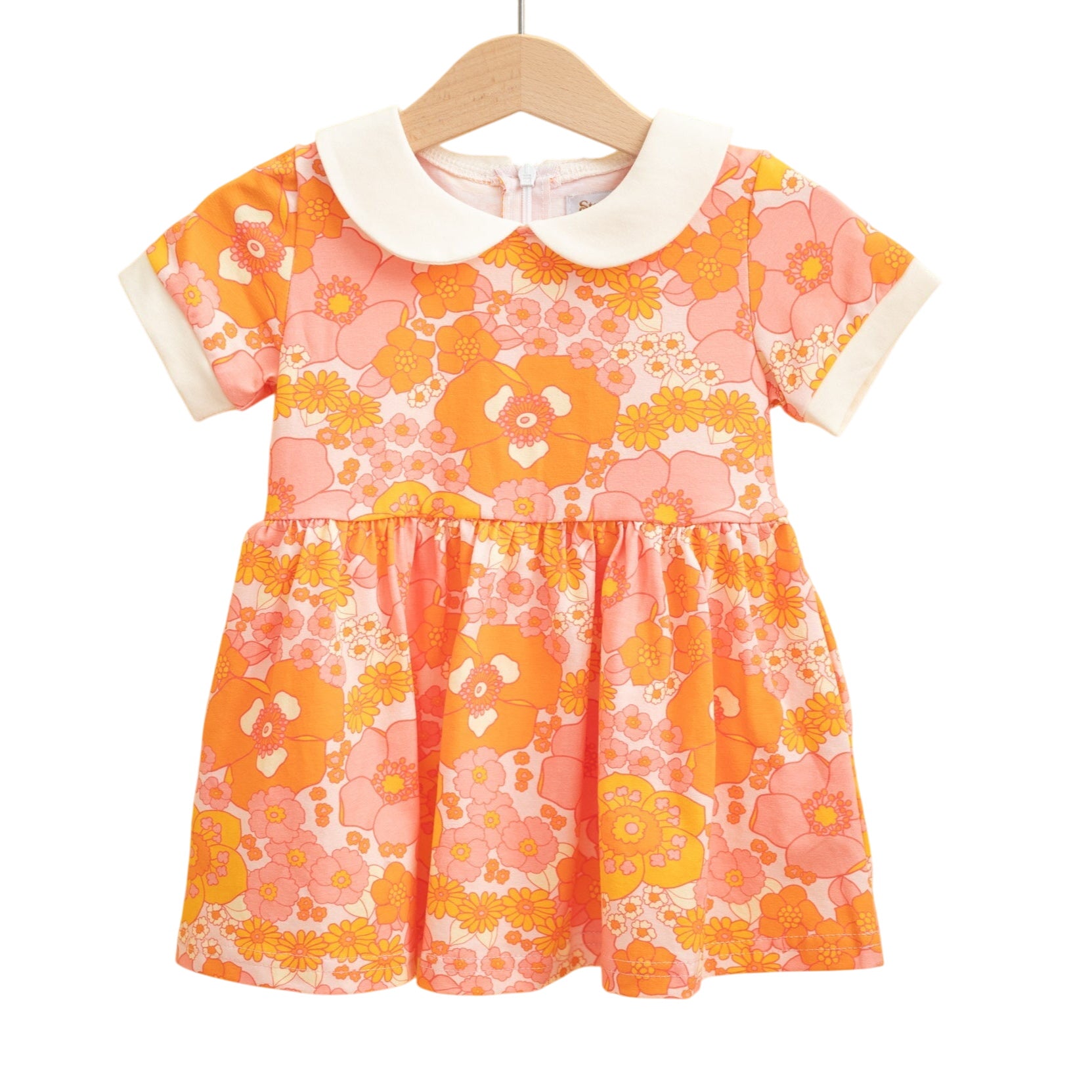 Girls' Mod Collar Dress In Orange And Pink Flower Power