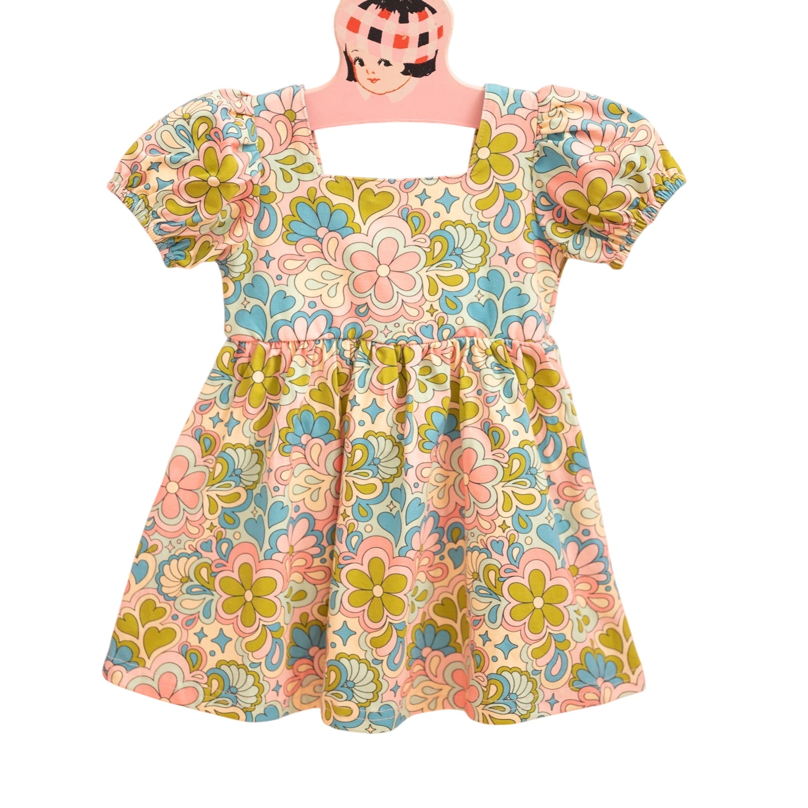 Strawberry Jam Kids Girls' Blue 60s Floral Puff Dress