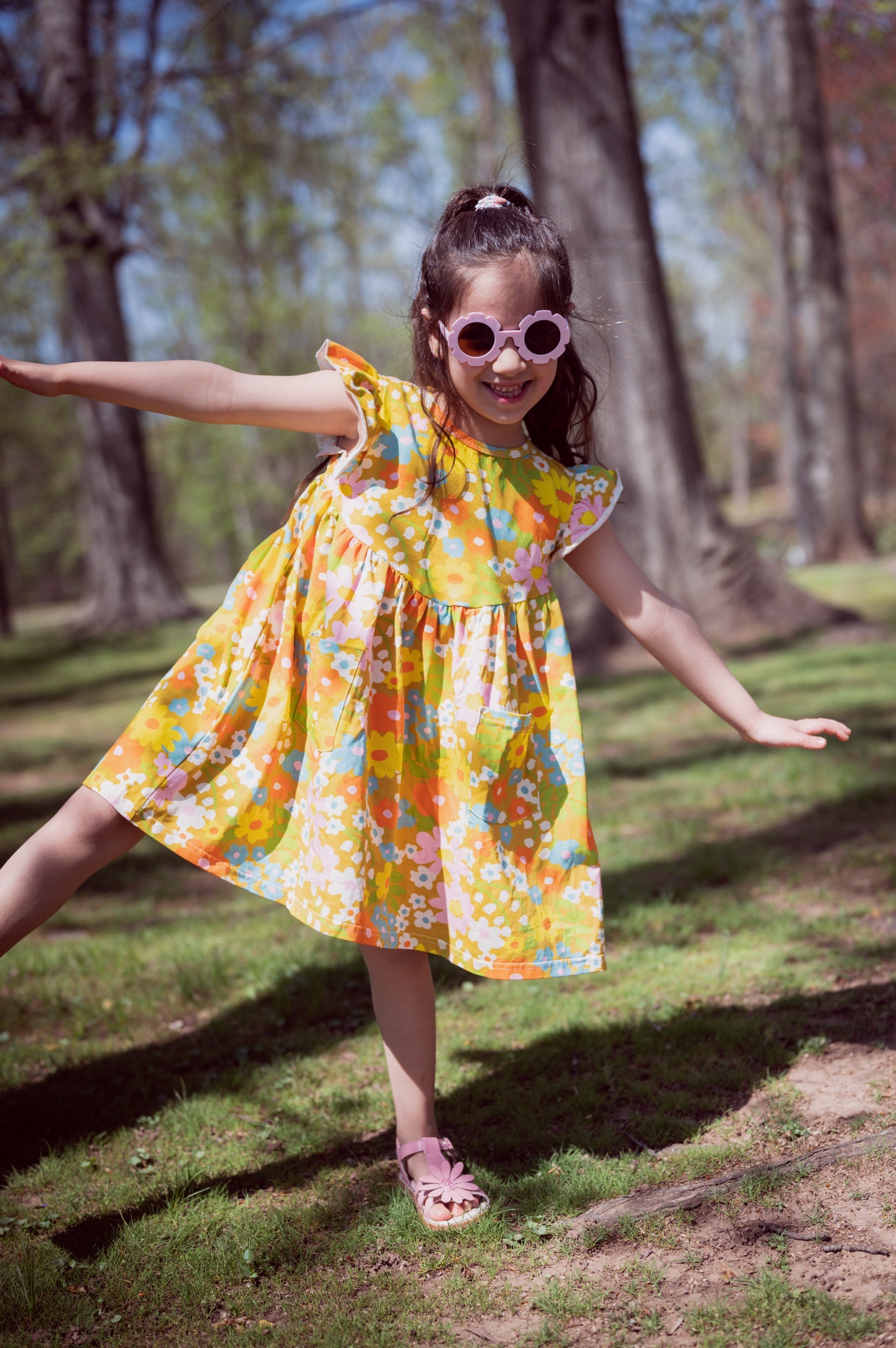 Girls' Flutter Dress In Sixties Wild Blooms