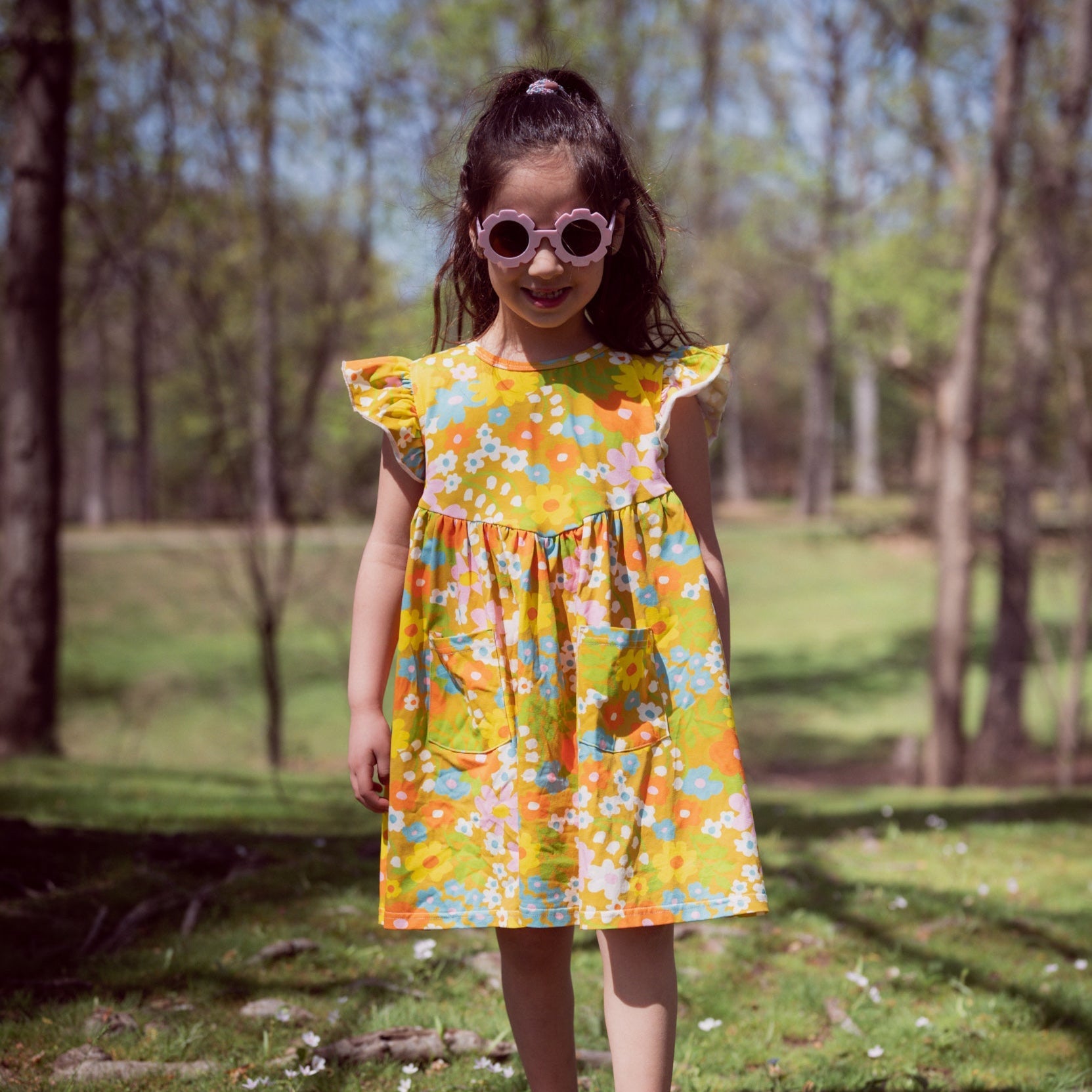 Girls' Flutter Dress In Sixties Wild Blooms
