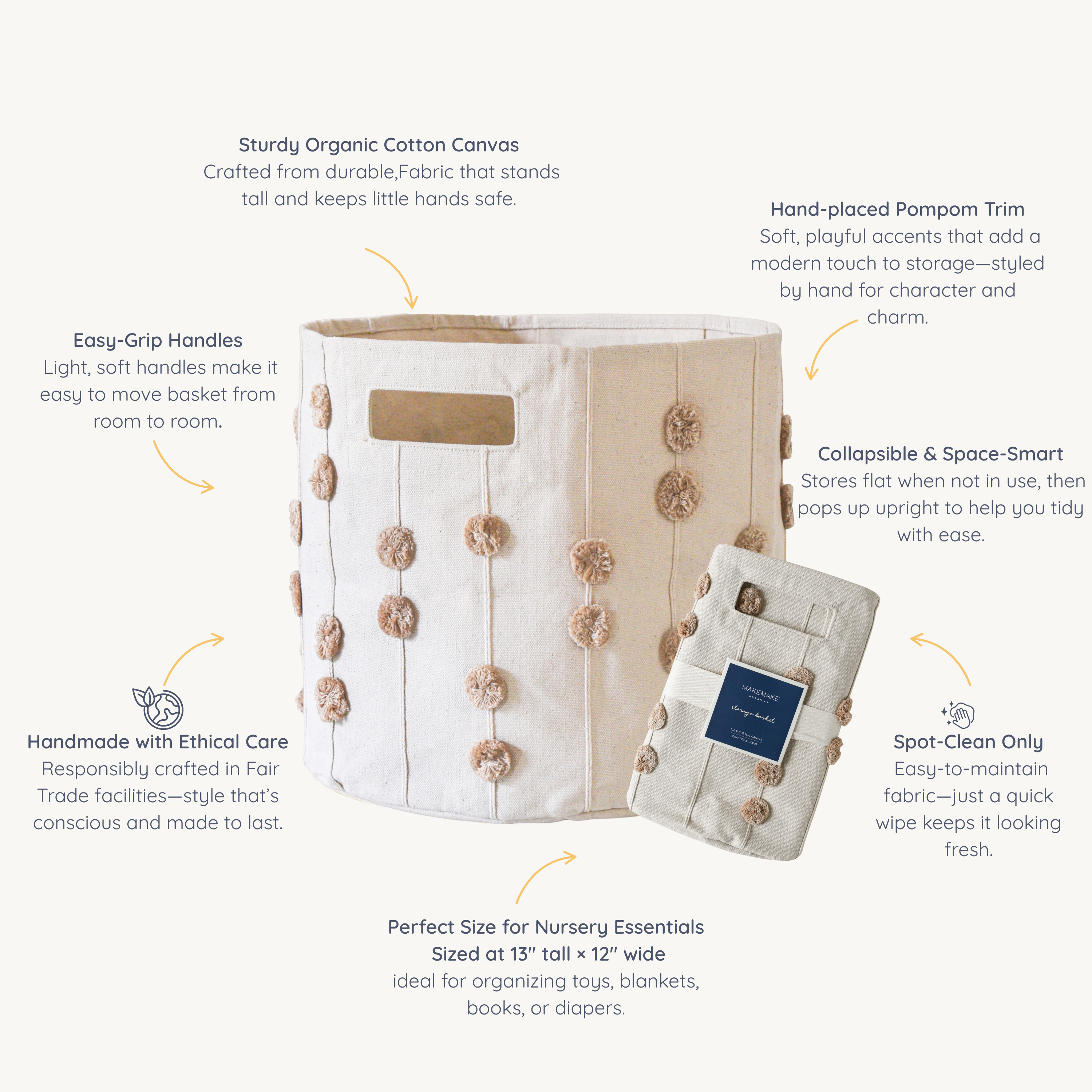 Handmade Canvas Storage Basket Pom Pom - Taupe