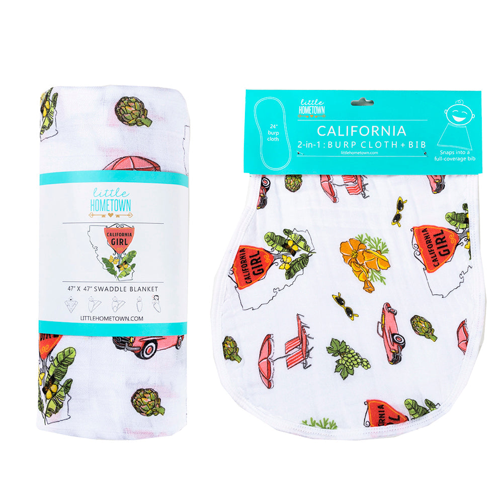 Gift Set: California Girl Muslin Swaddle Blanket And Burp Cloth/bib Combo
