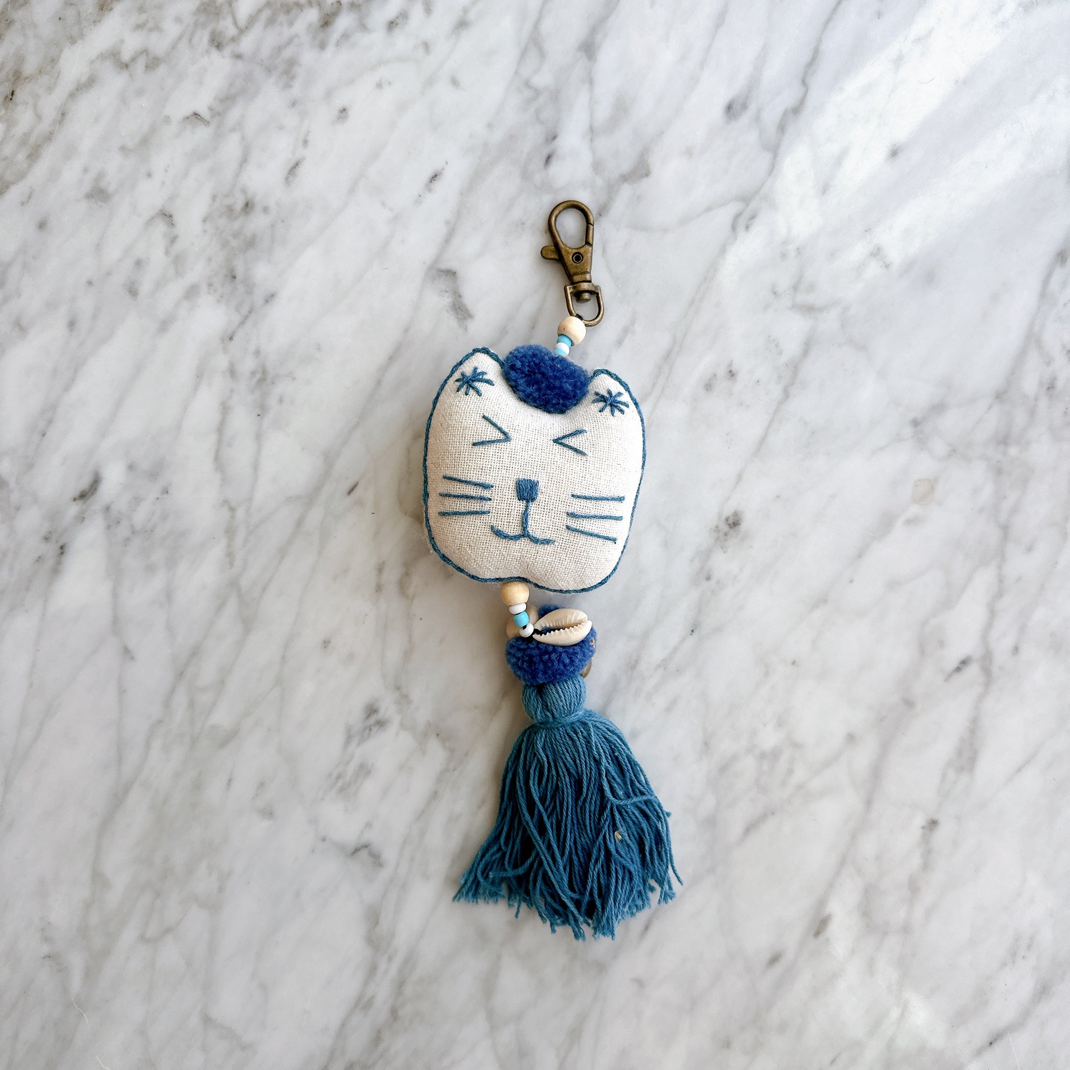 Cotton Cat Keychain With Pompom & Tassel