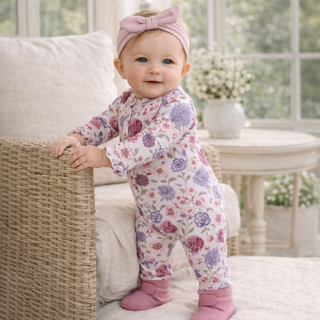 Floral Ruffle Baby Zipper Romper – Soft Bamboo Vintage Bloom