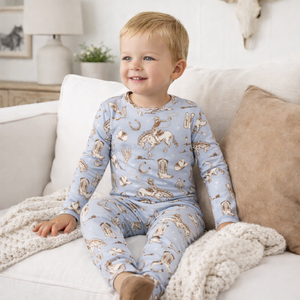 Wild Wrangler/blue Cowboy Western Bamboo Kids Pajama Set