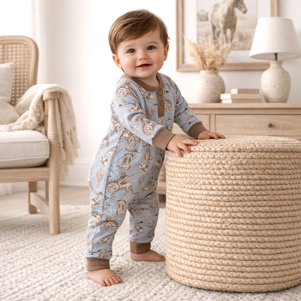 Wild Wrangler/blue Western Bamboo Henley Cowboy Romper