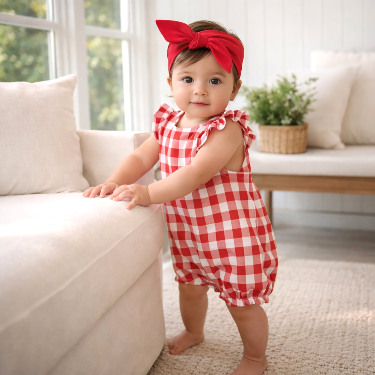 Picnic Plaid Soft Bamboo Shorty Romper For Baby Girls