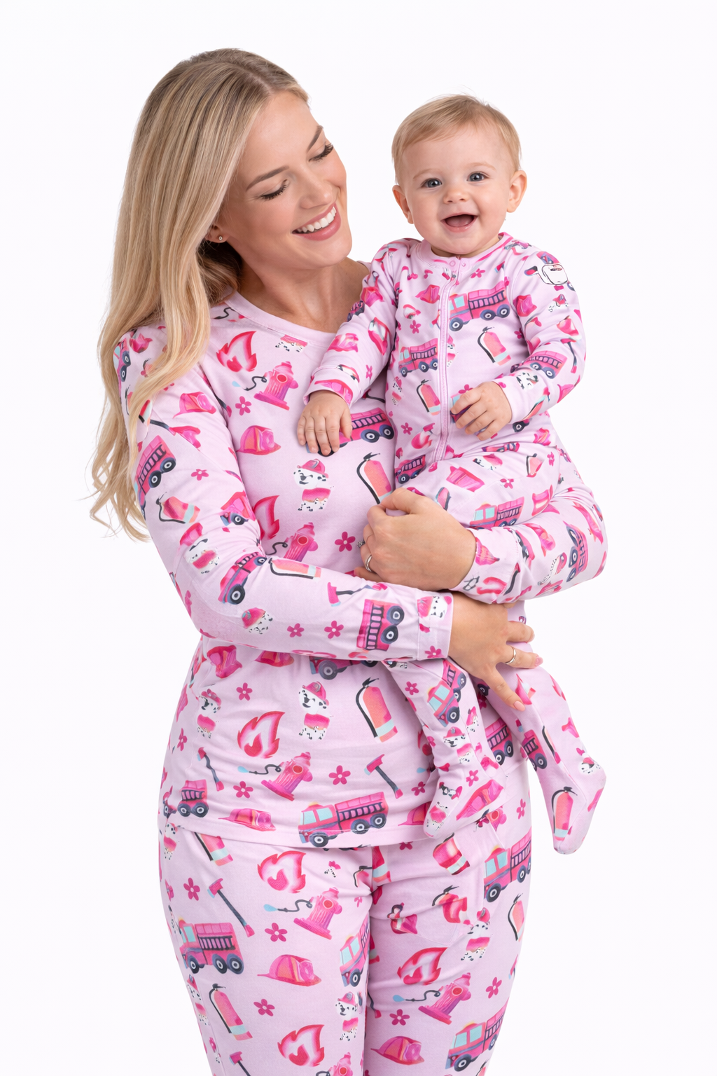 Bamboo Adult Two Piece Pajama Set, Pink Firefighter