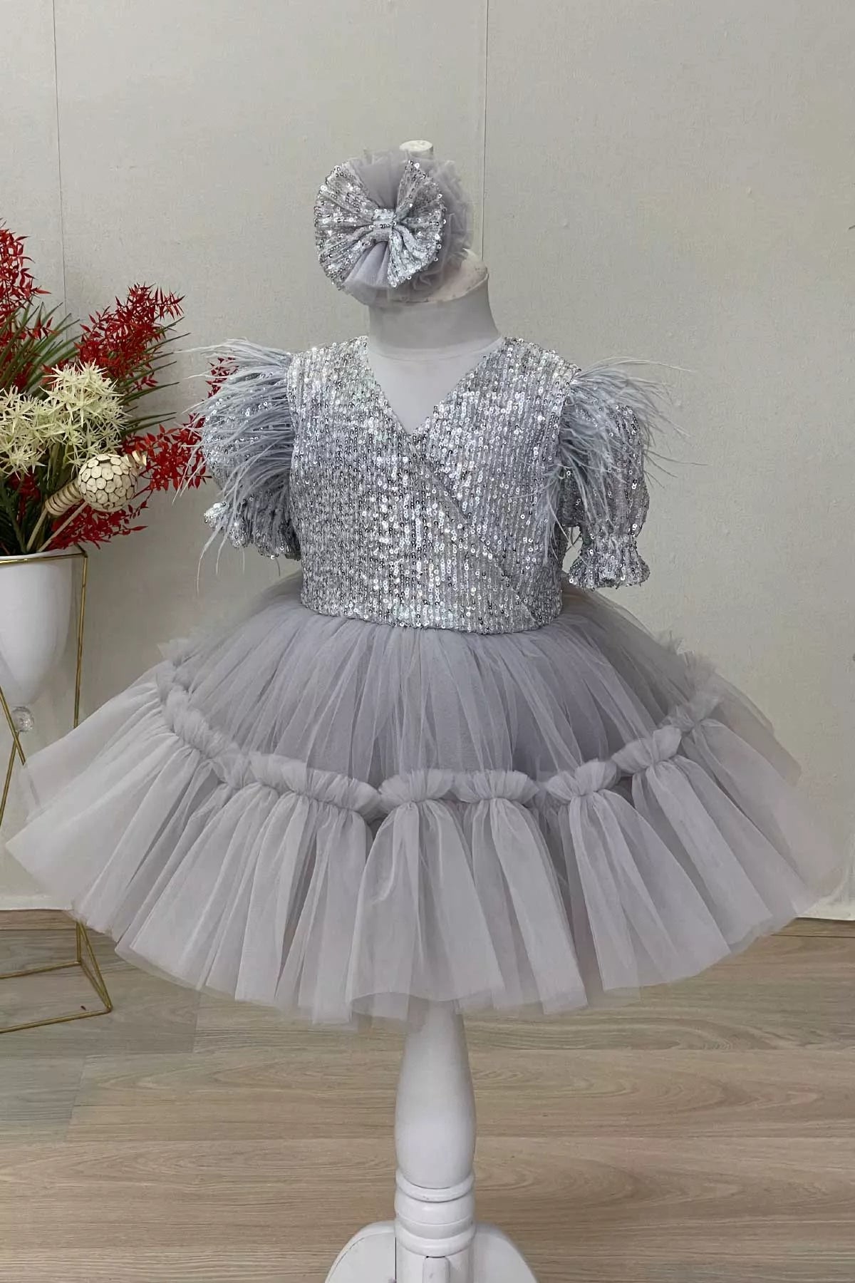 Toddler Party Dress – Gray Sequin, Feather Sleeve, Tulle Skirt