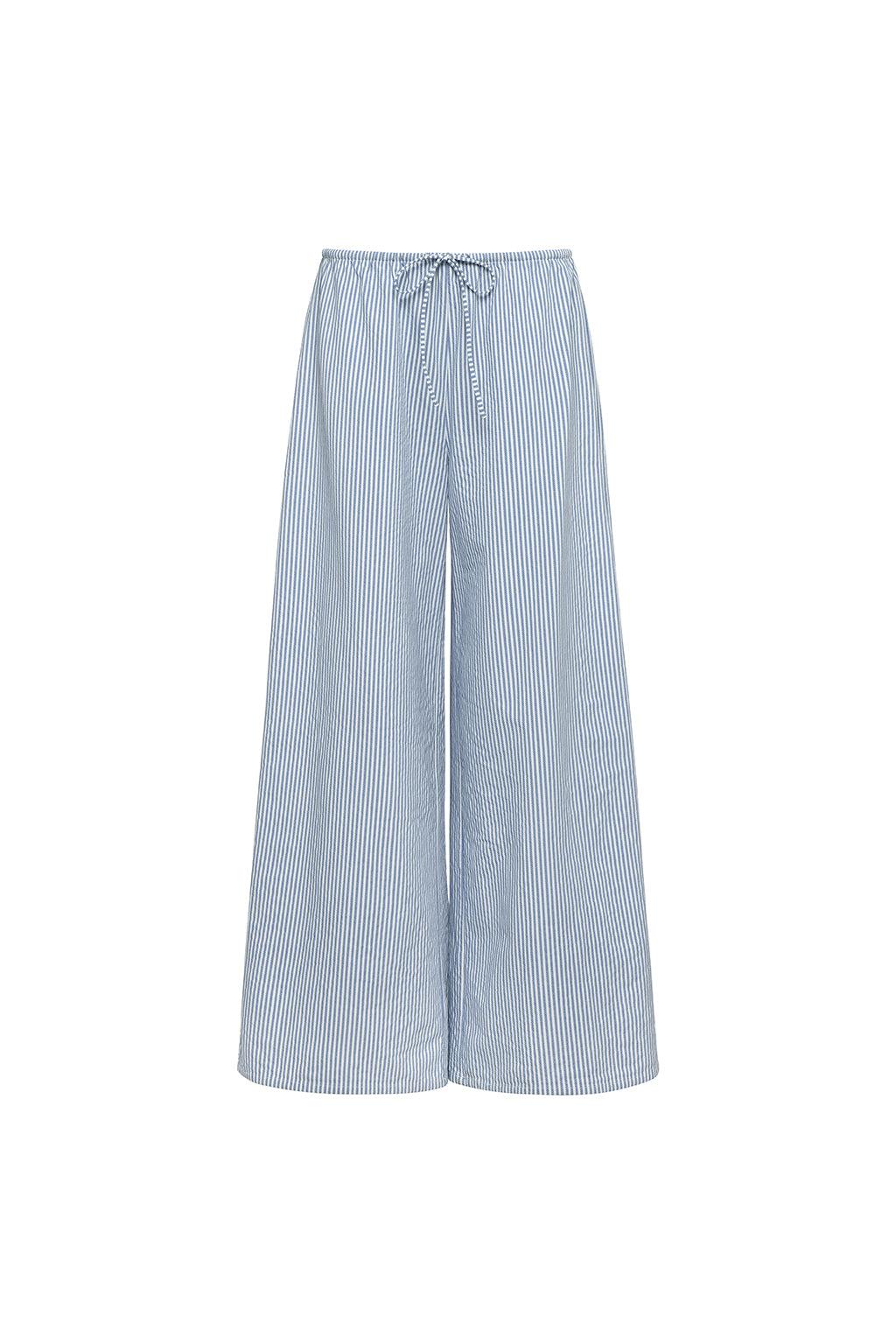 Classic Blue Stripe Drawstring Wide-leg Pant