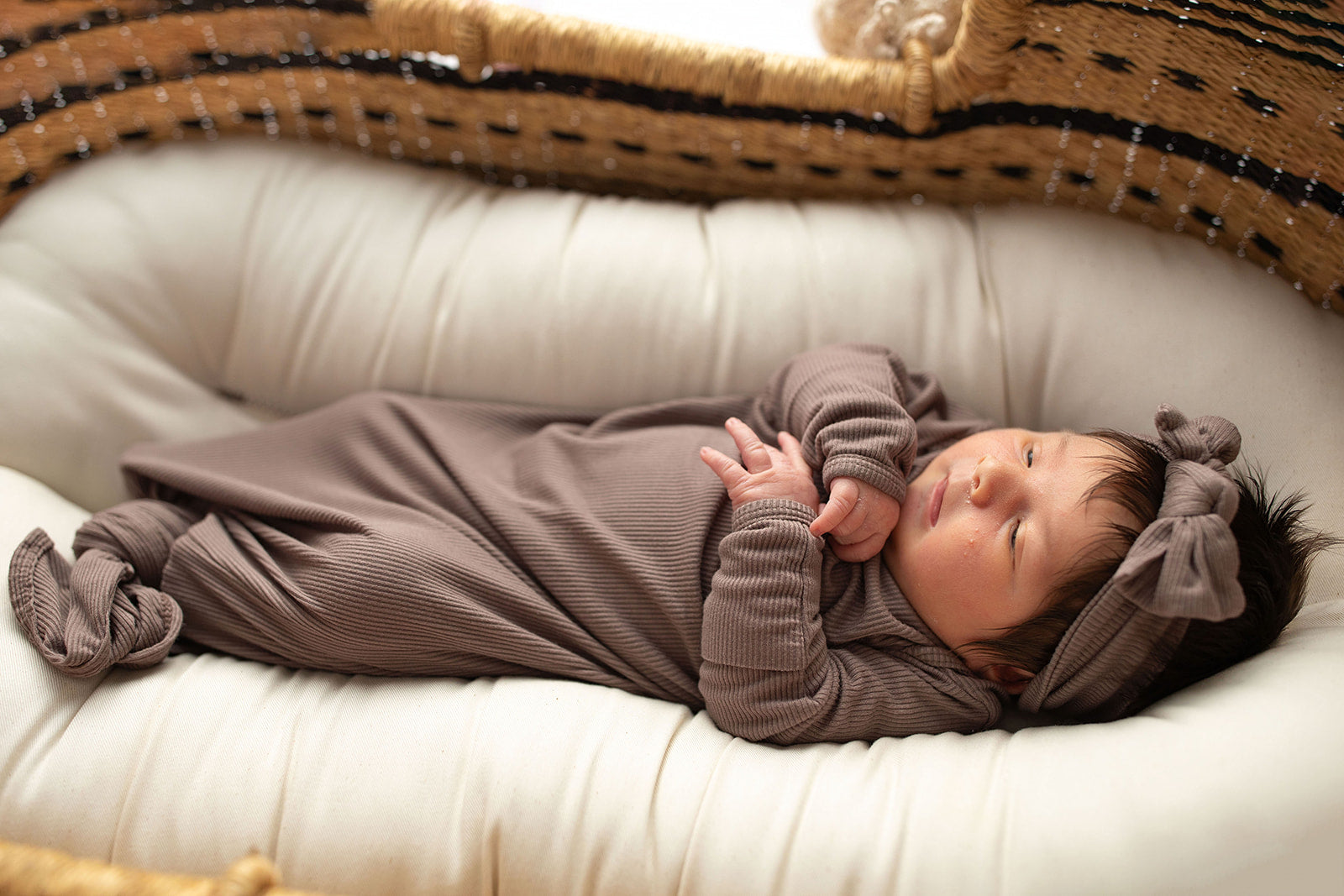 Cocoa Brown Ribbed Knotted Newborn Baby Gown