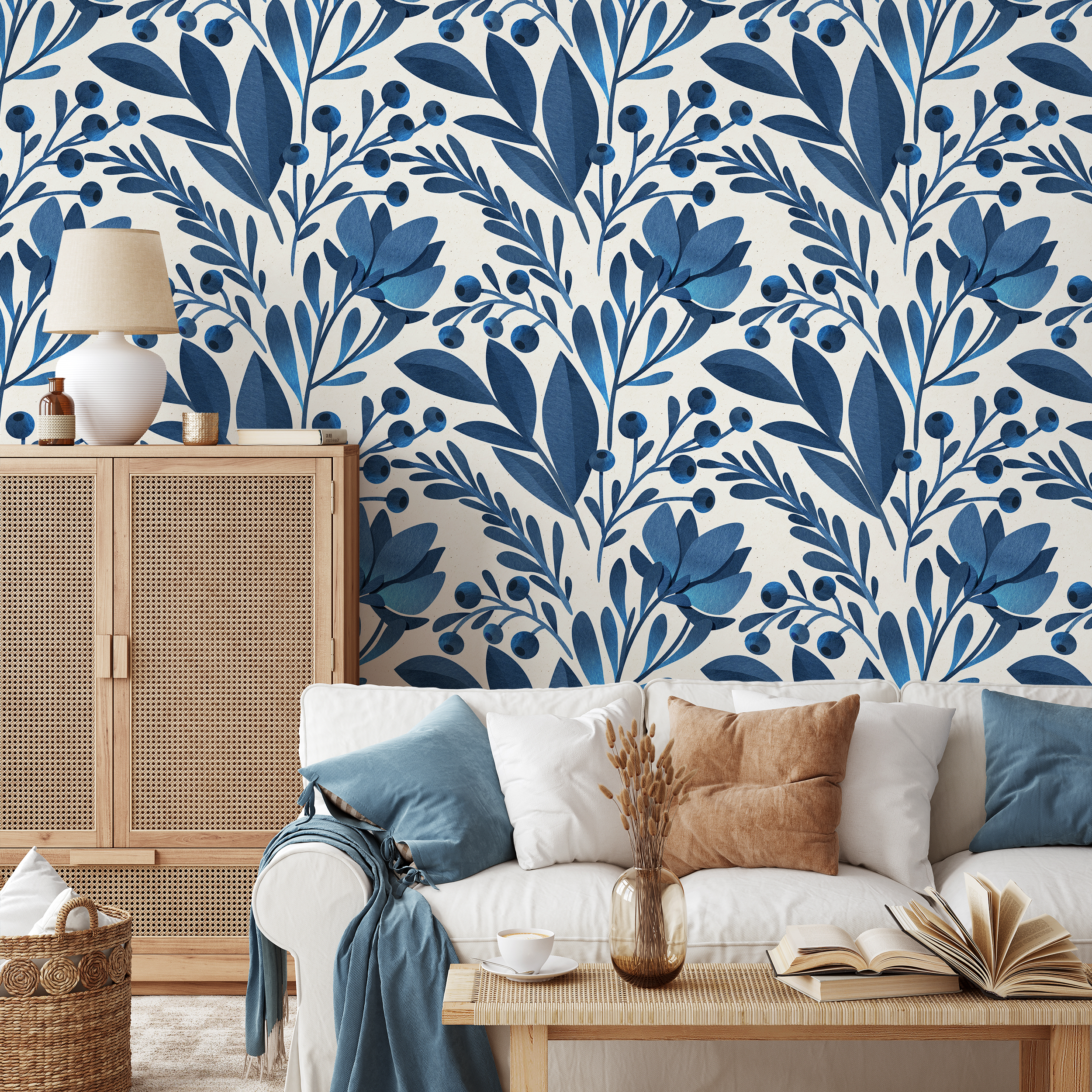 Botanical Wallpaper With Stylized Leaves And Berries In Blue - A371