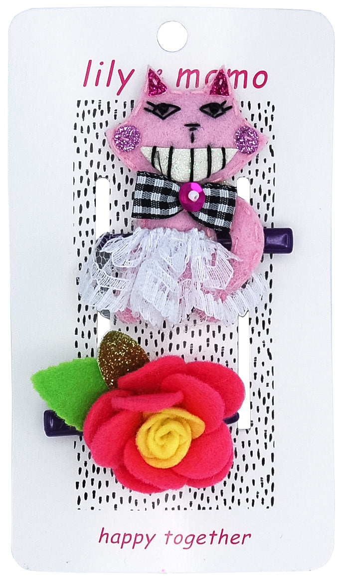 Crazy Kitty & Flower Hair Clips- Pink And Yellow