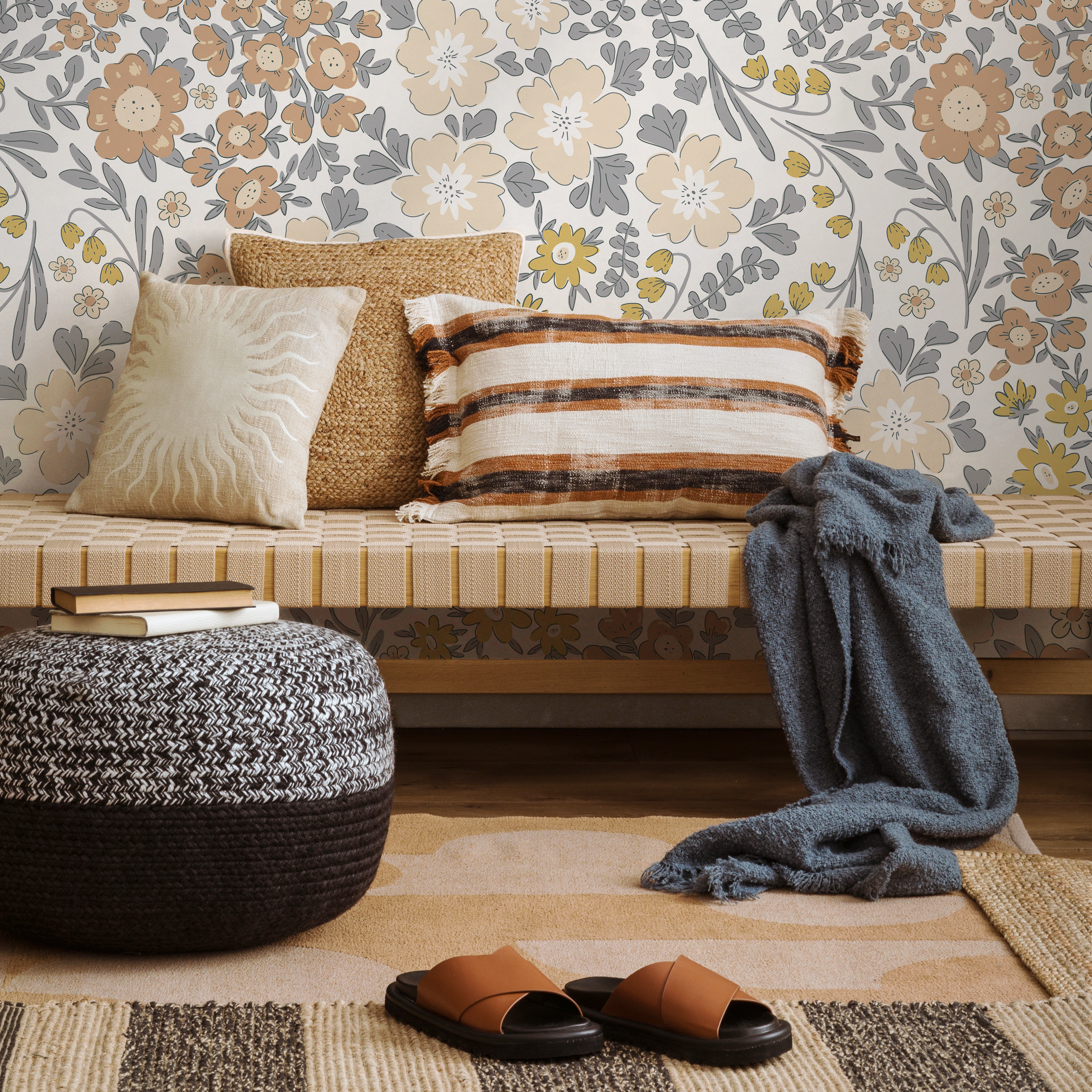 Floral Wallpaper With A Boho Garden Motif In Yellow, Brown, And Gray - D003
