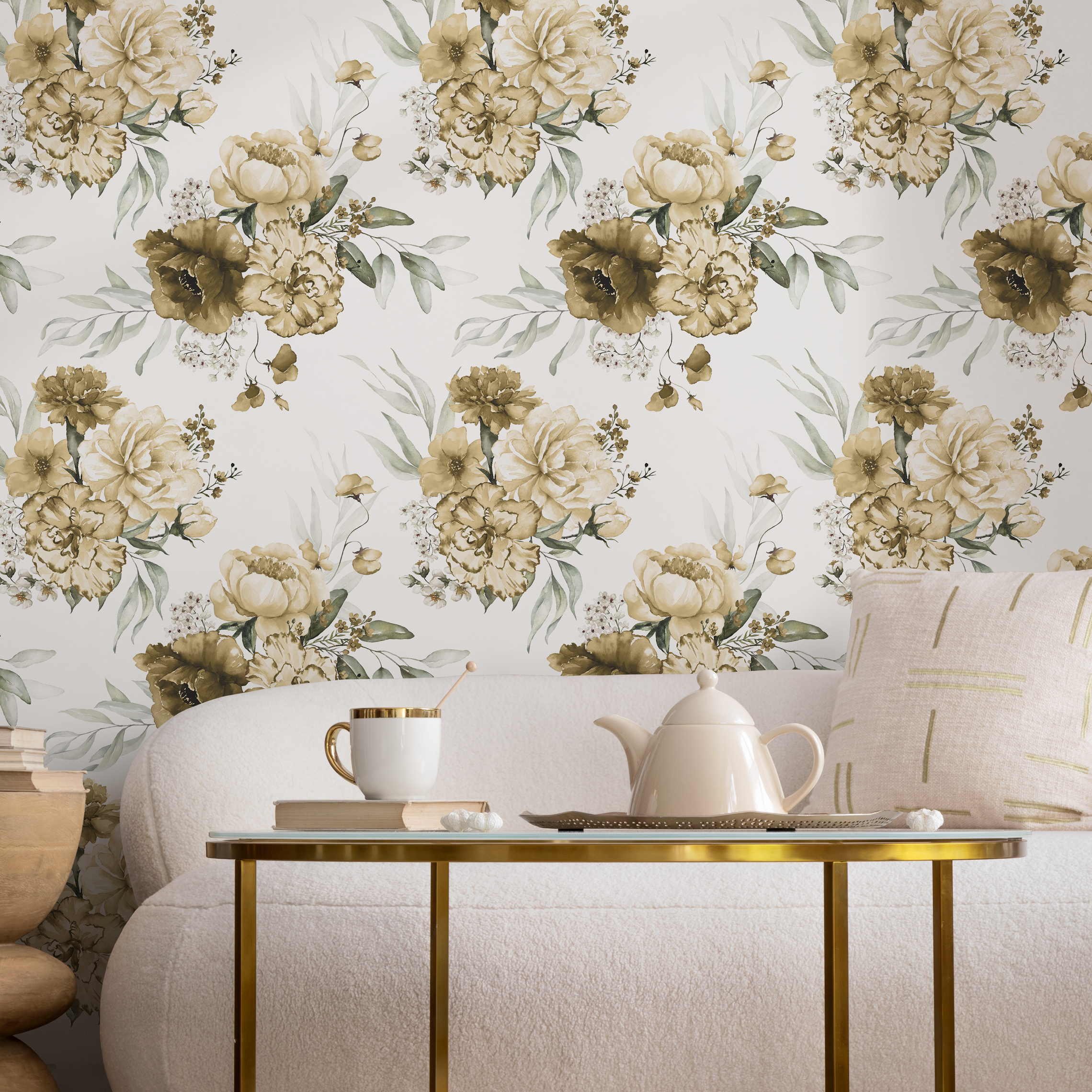 Floral Wallpaper Featuring Vintage Peonies In Yellow, Brown, And Green - D024