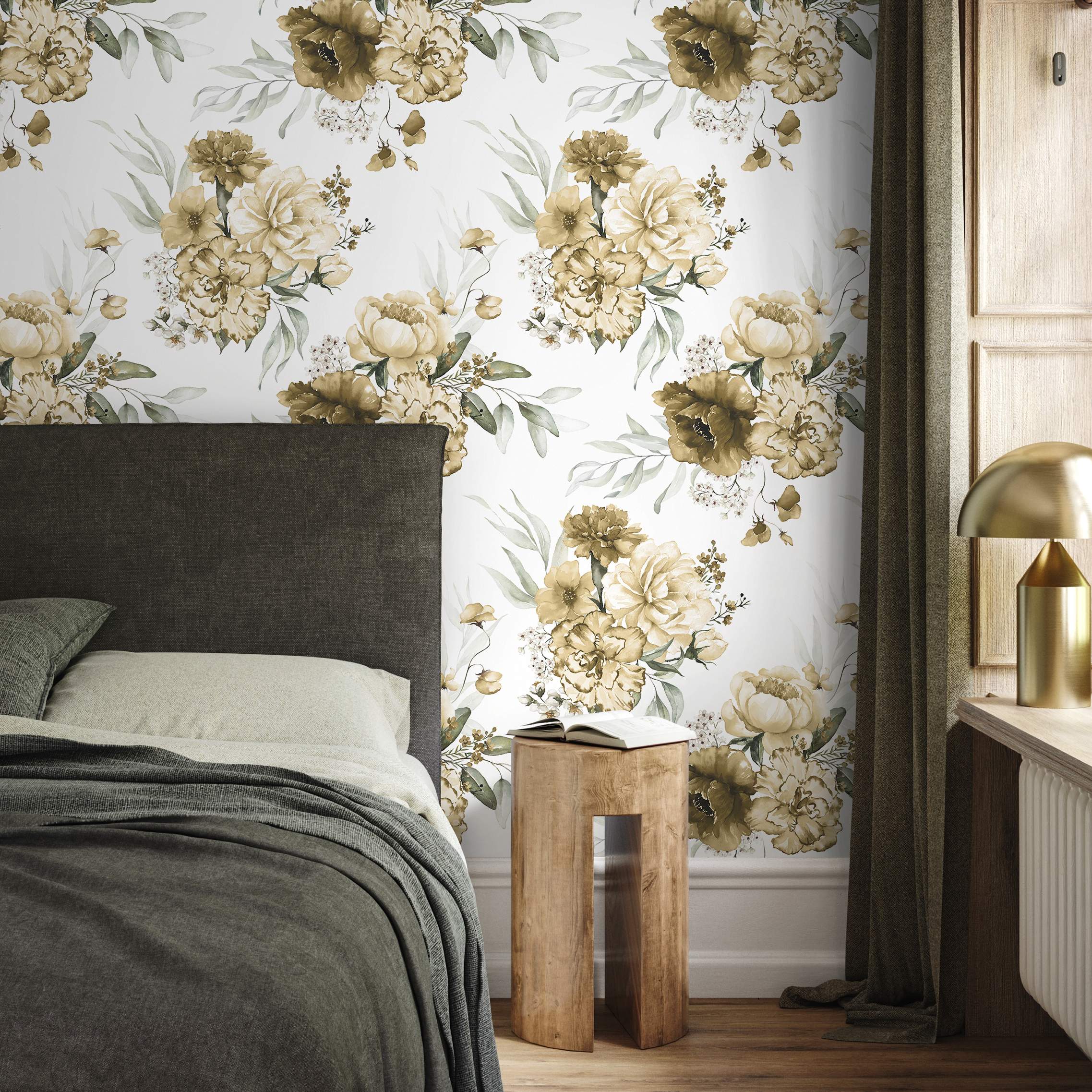 Floral Wallpaper Featuring Vintage Peonies In Yellow, Brown, And Green - D024