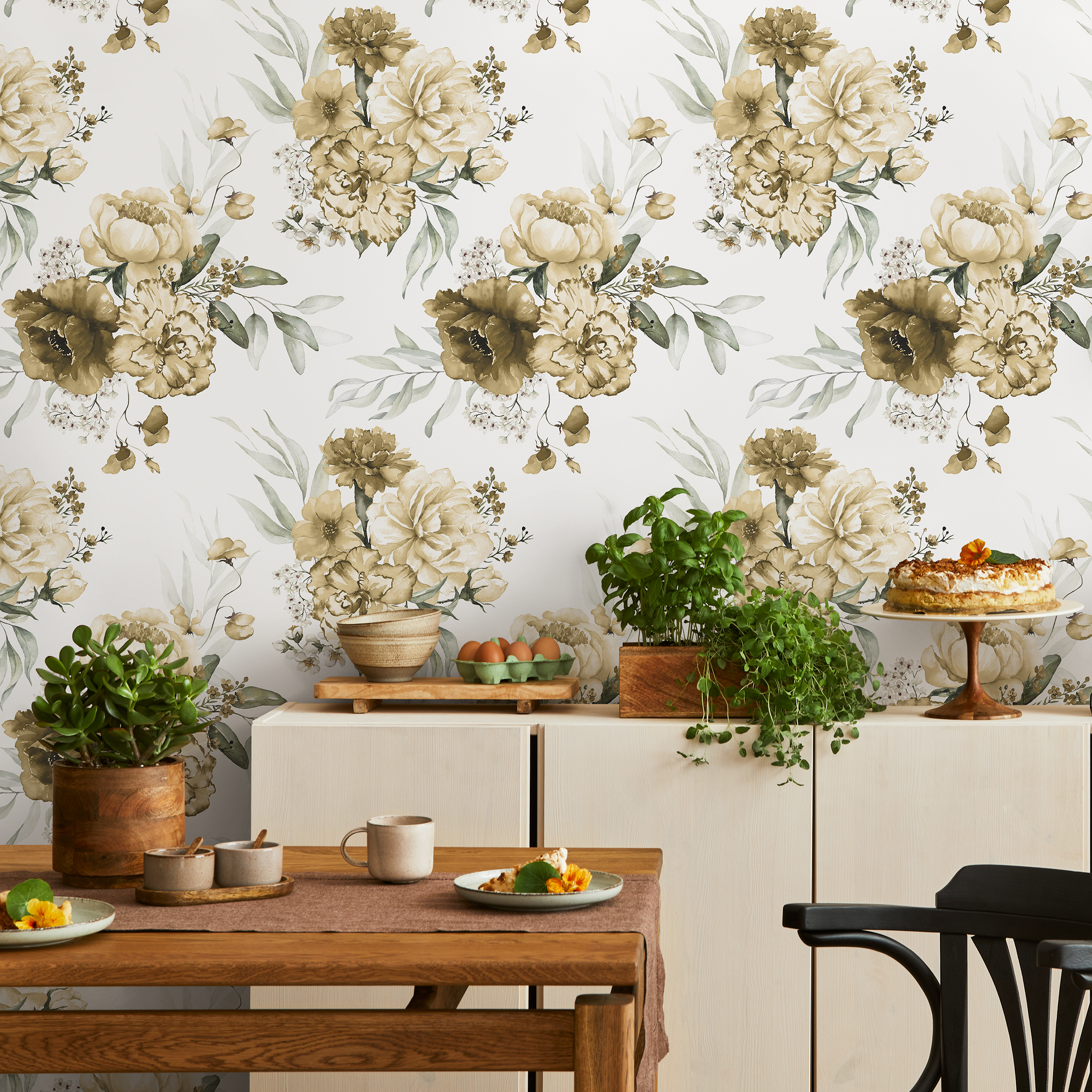 Floral Wallpaper Featuring Vintage Peonies In Yellow, Brown, And Green - D024