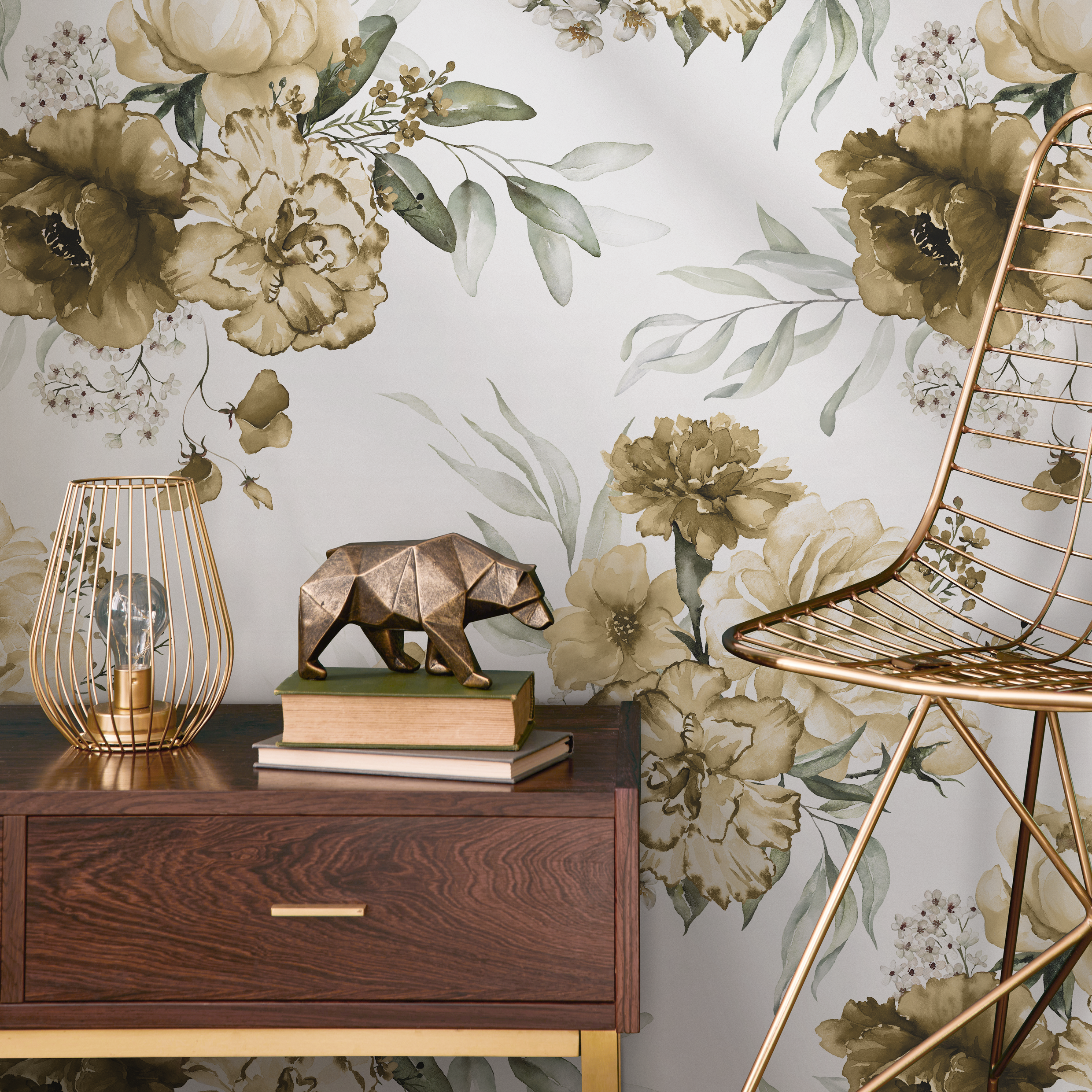 Floral Wallpaper Featuring Vintage Peonies In Yellow, Brown, And Green - D024