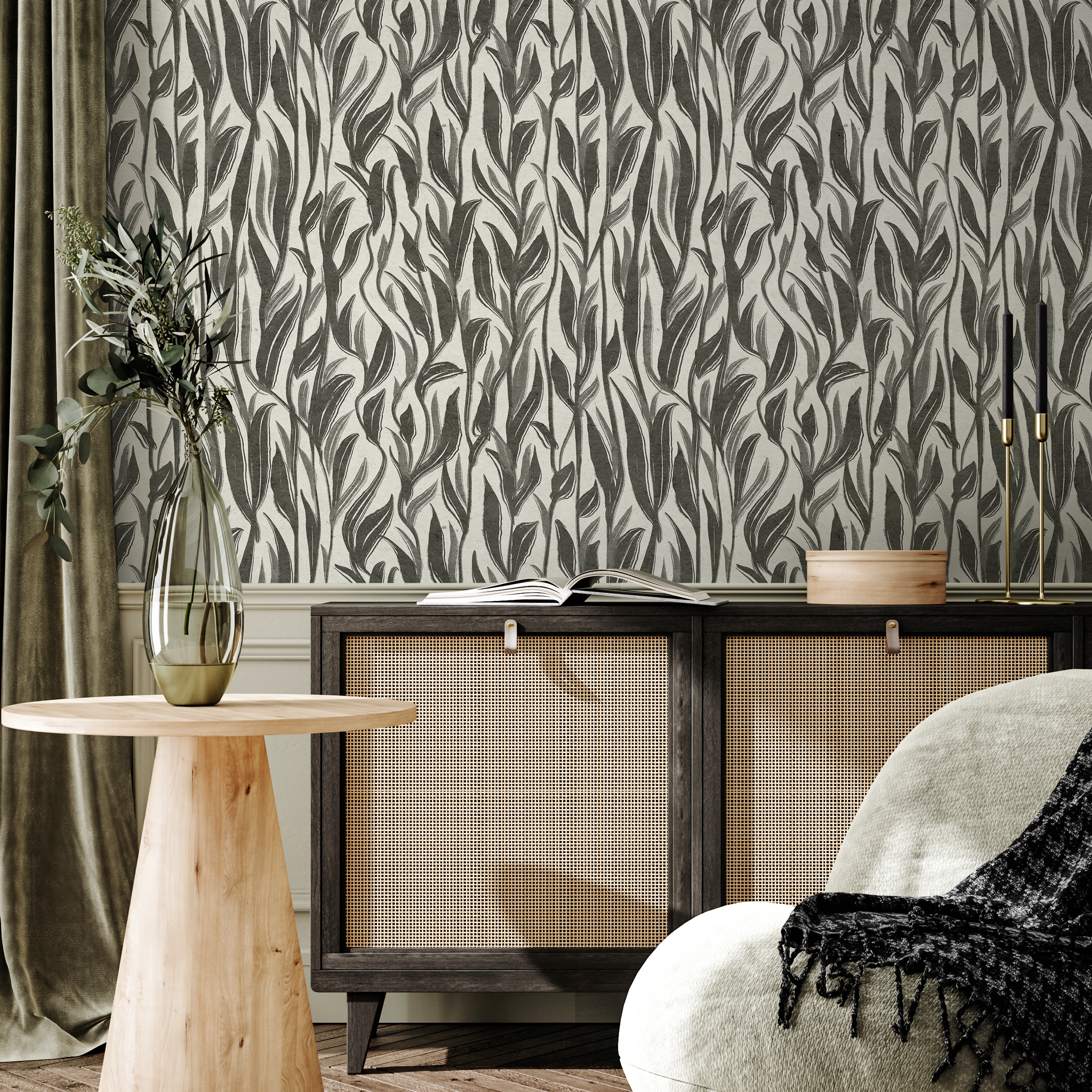 Botanical Wallpaper With A Flowing Painted Leaf Motif In Black And White - D028