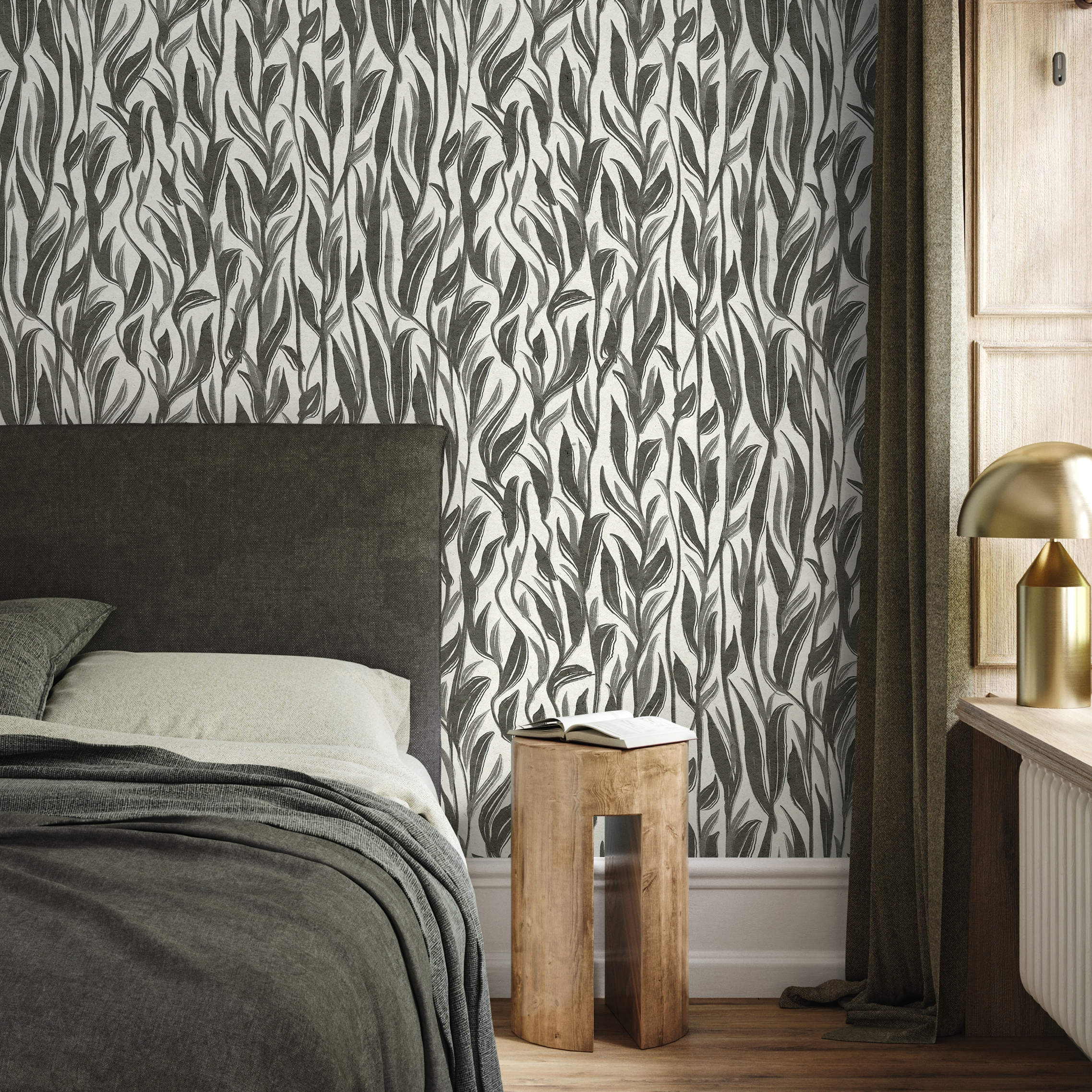Botanical Wallpaper With A Flowing Painted Leaf Motif In Black And White - D028