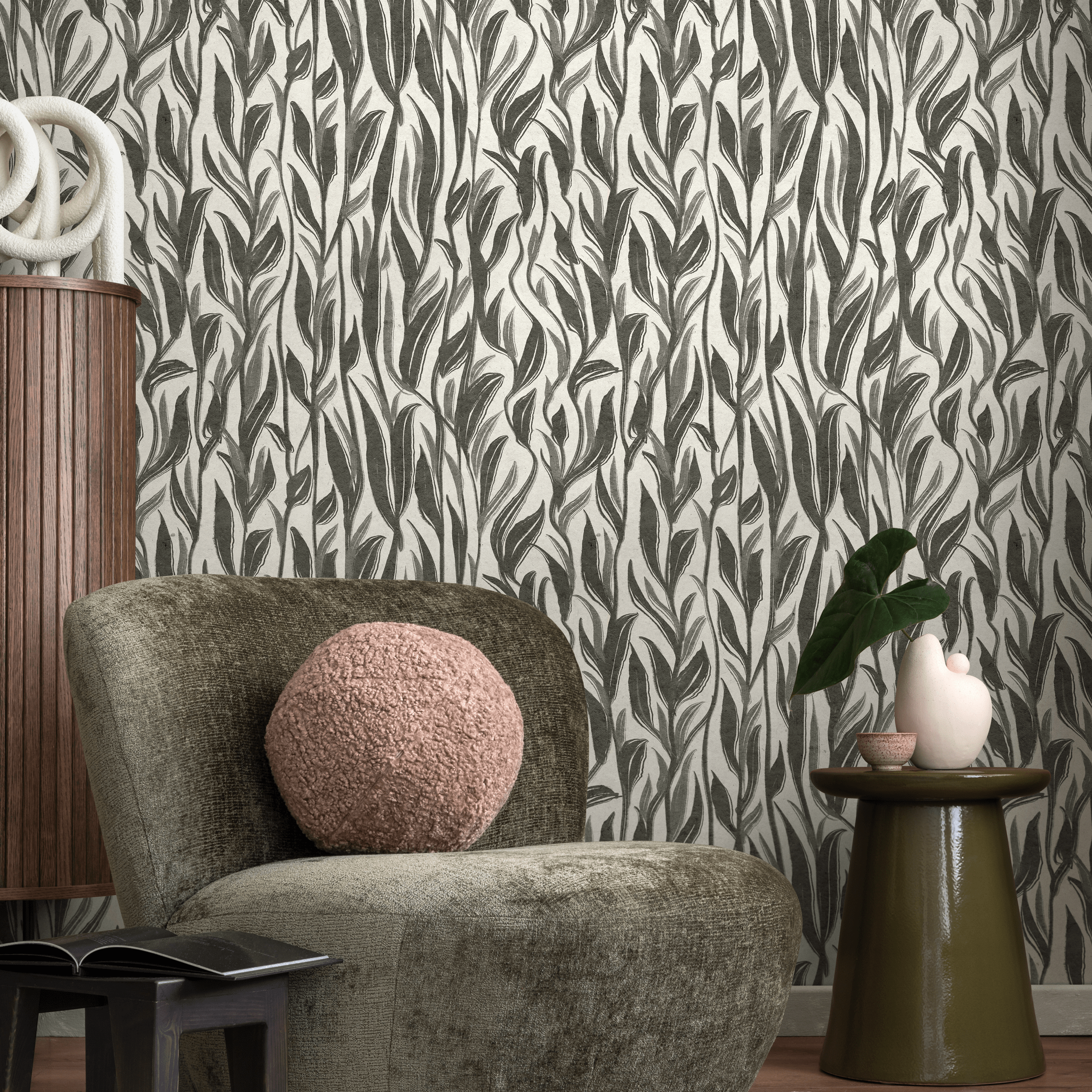 Botanical Wallpaper With A Flowing Painted Leaf Motif In Black And White - D028