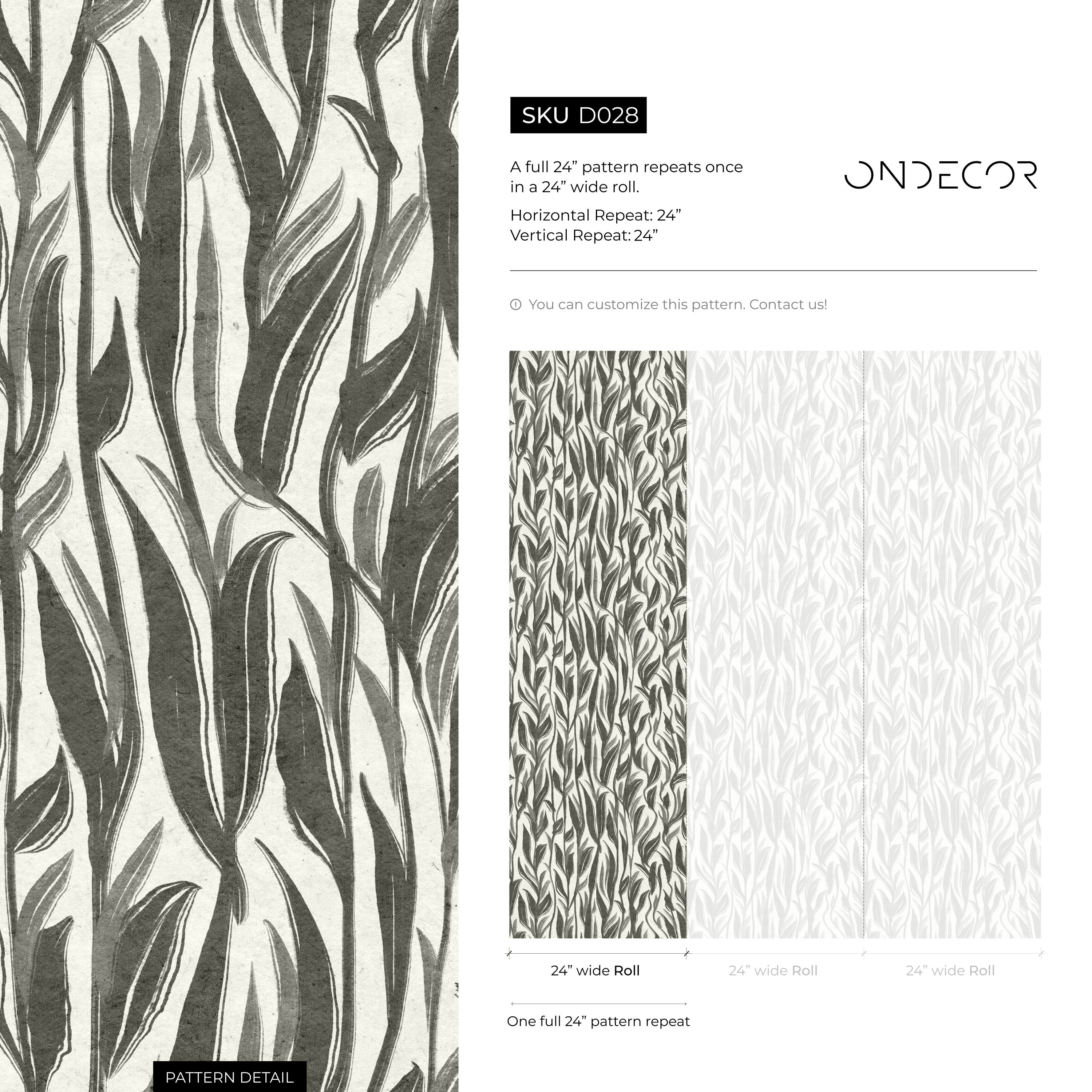 Botanical Wallpaper With A Flowing Painted Leaf Motif In Black And White - D028