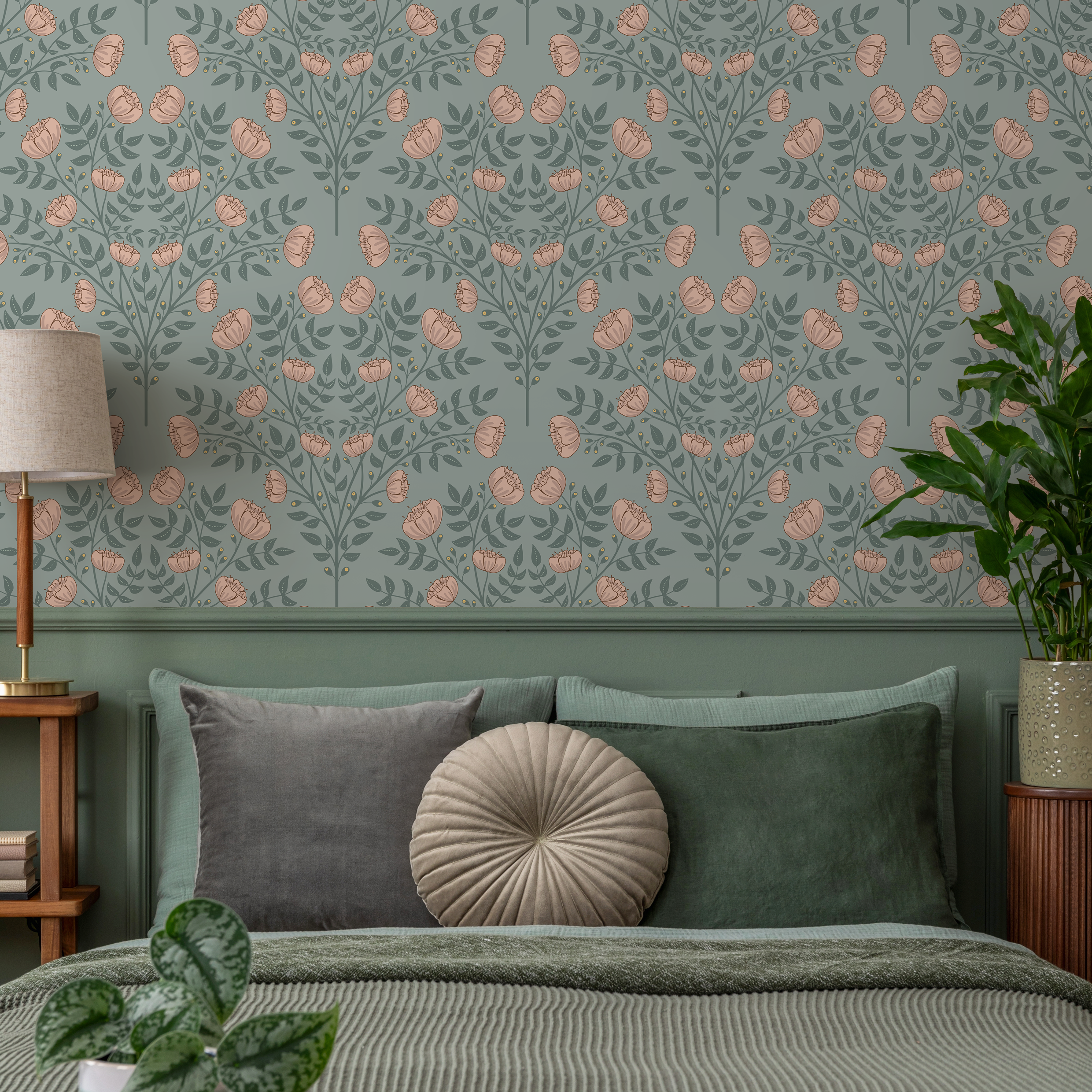 Floral Wallpaper With An Arts And Crafts Motif In Green And Pink - D037