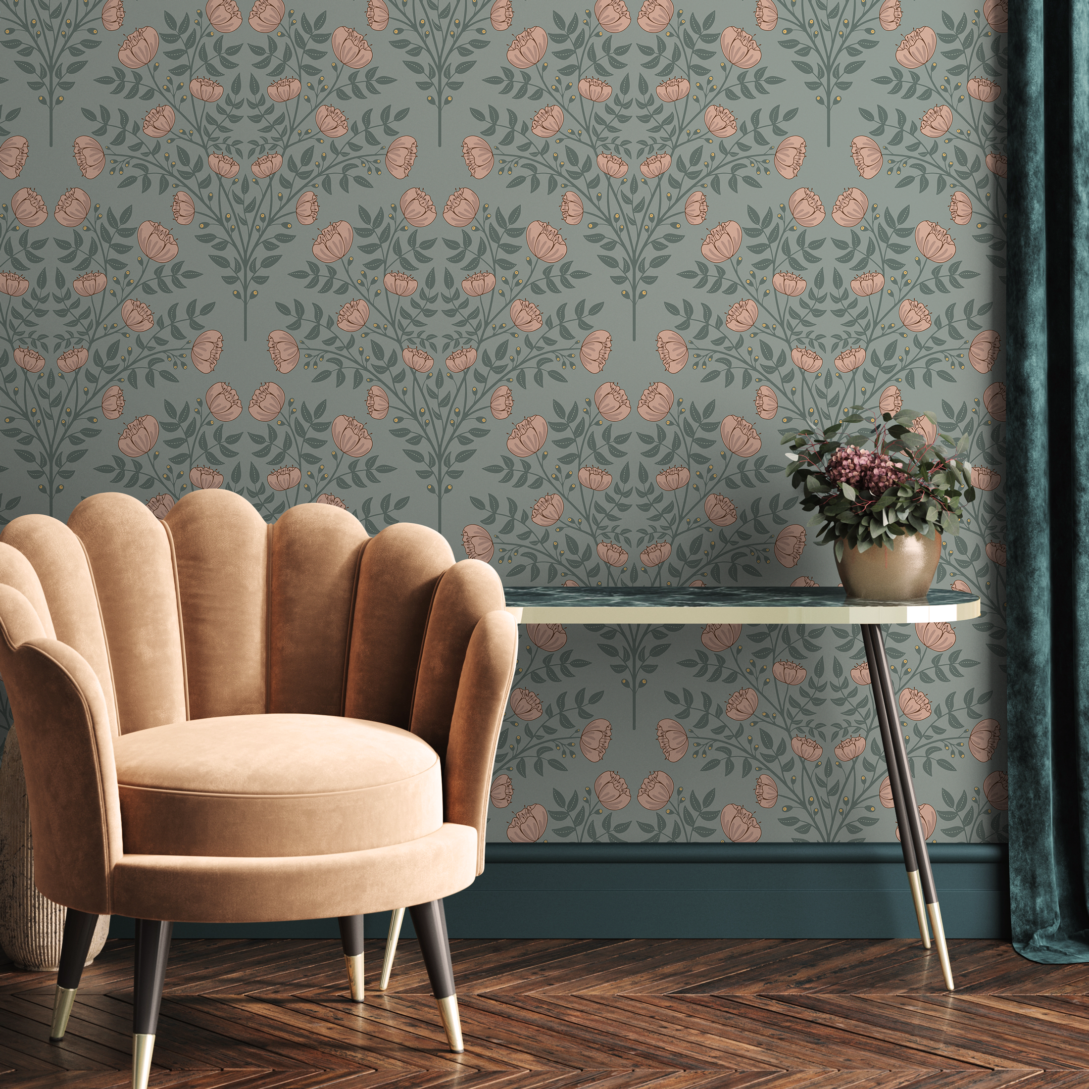 Floral Wallpaper With An Arts And Crafts Motif In Green And Pink - D037