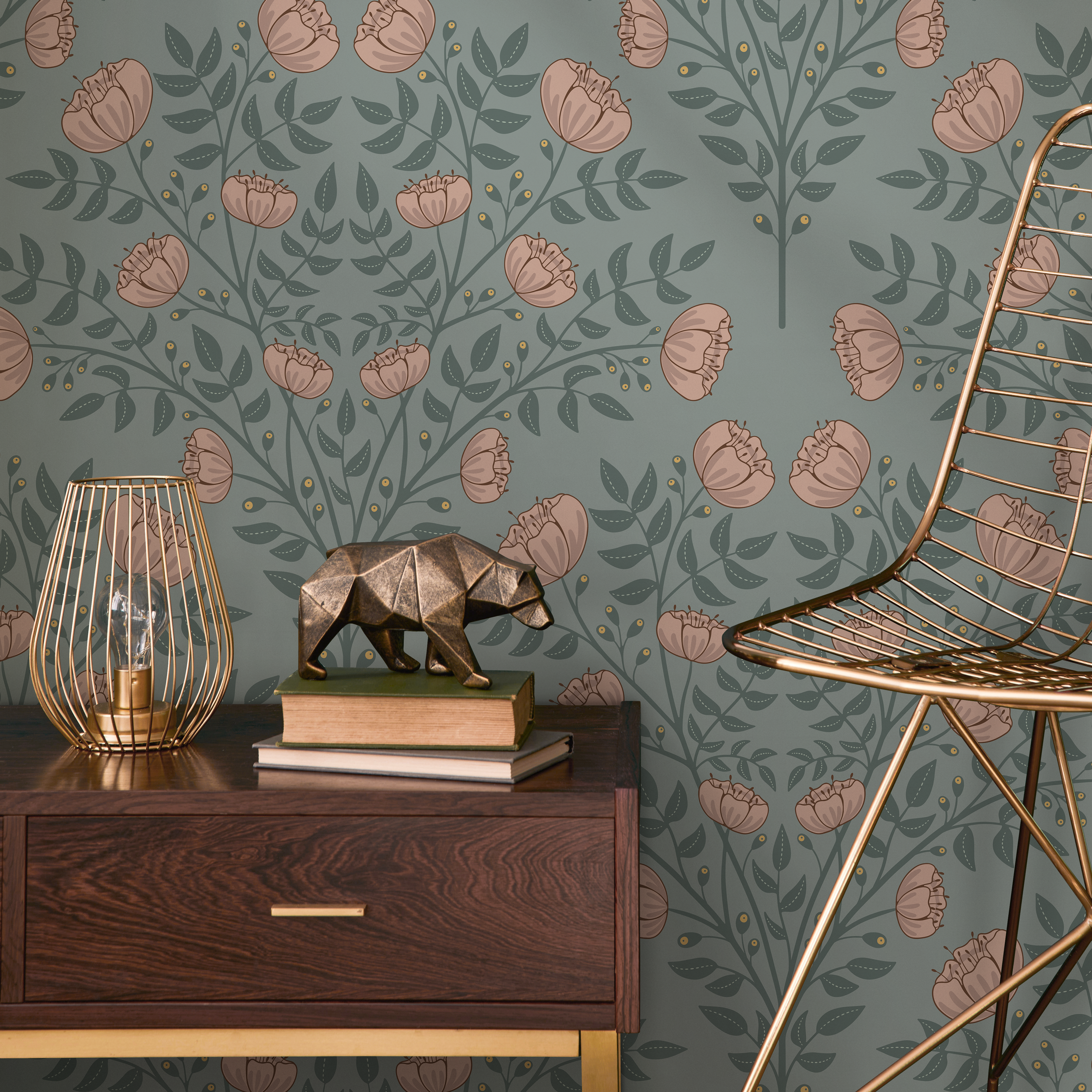 Floral Wallpaper With An Arts And Crafts Motif In Green And Pink - D037