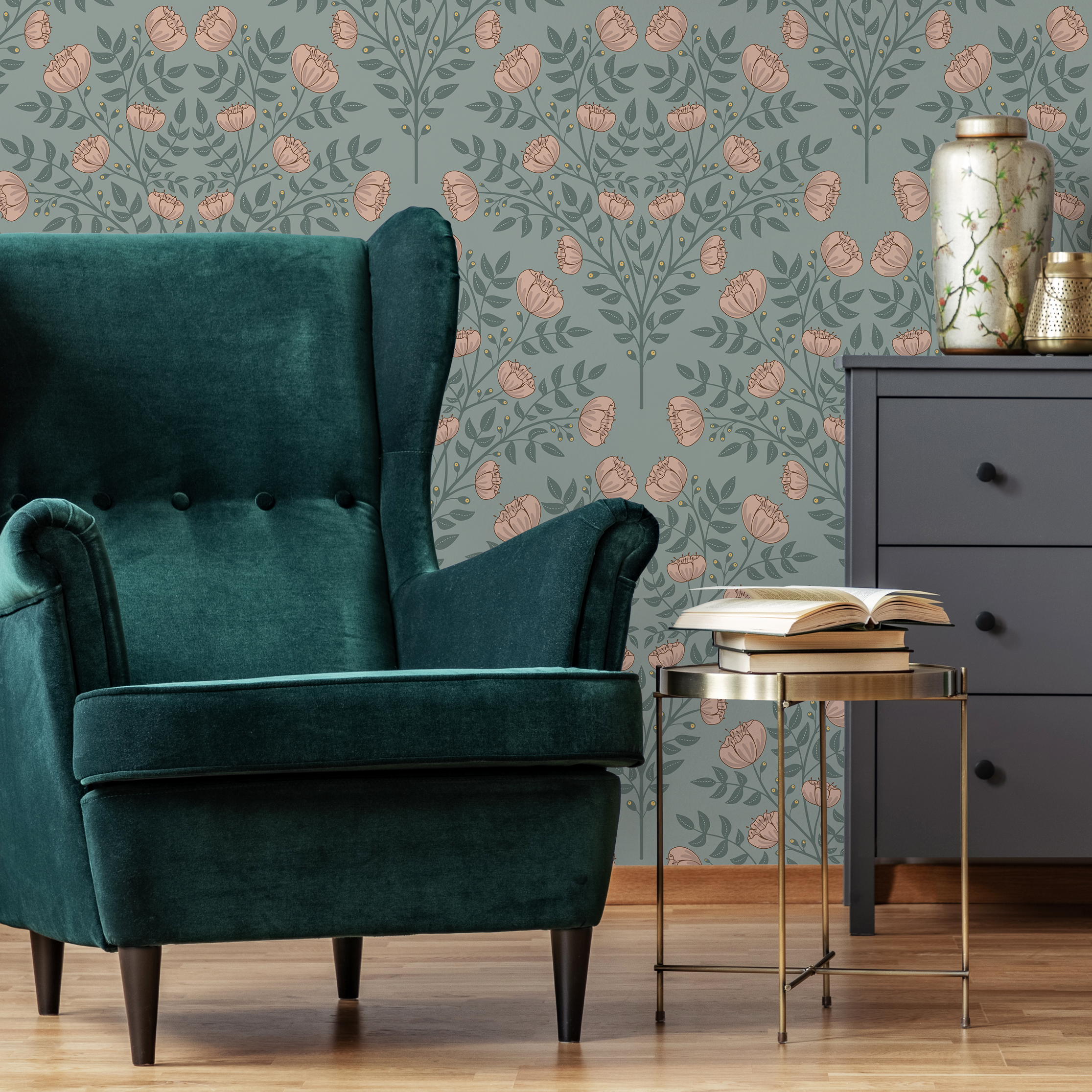 Floral Wallpaper With An Arts And Crafts Motif In Green And Pink - D037