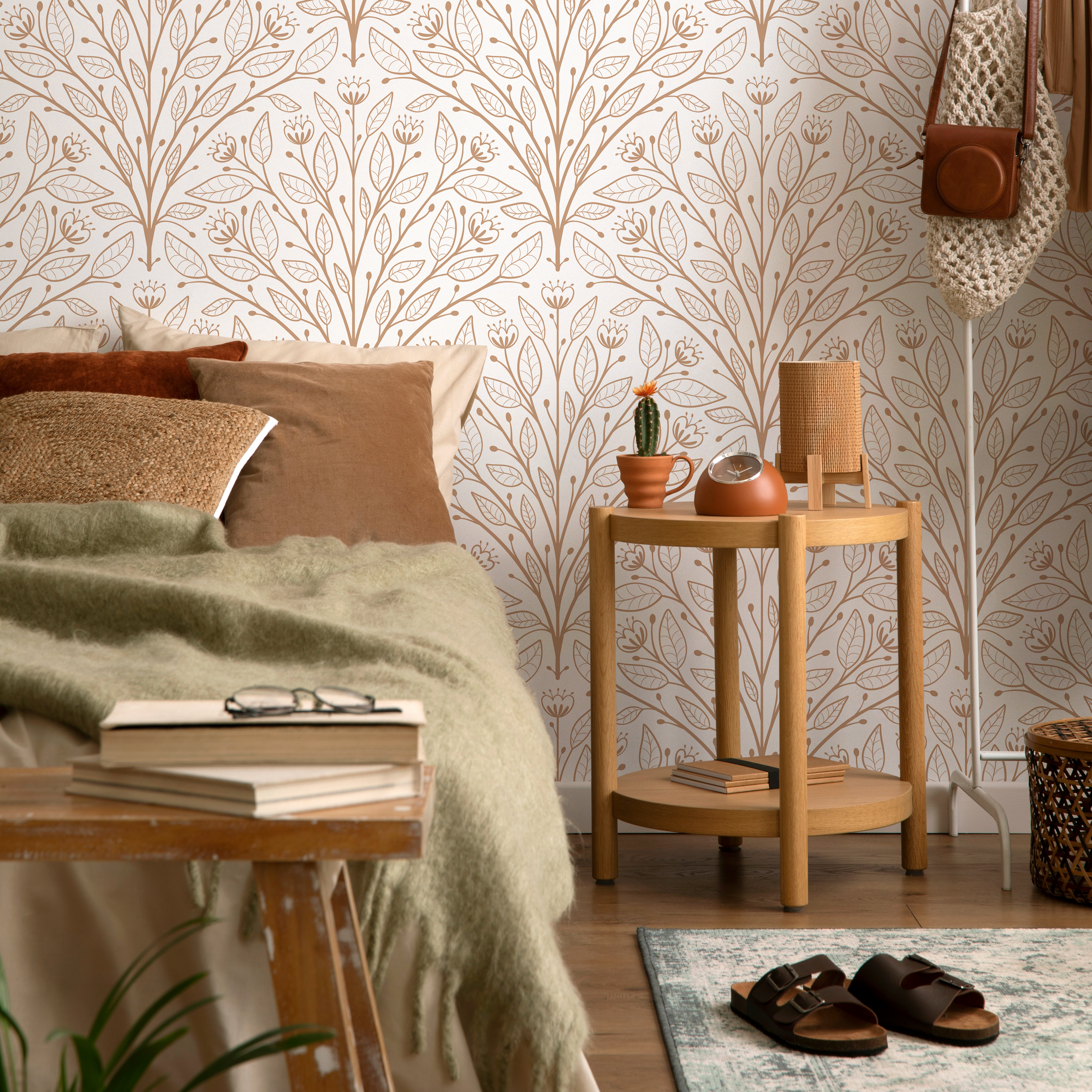 Botanical Wallpaper With A Symmetrical Branch Motif In Beige And Brown - D041