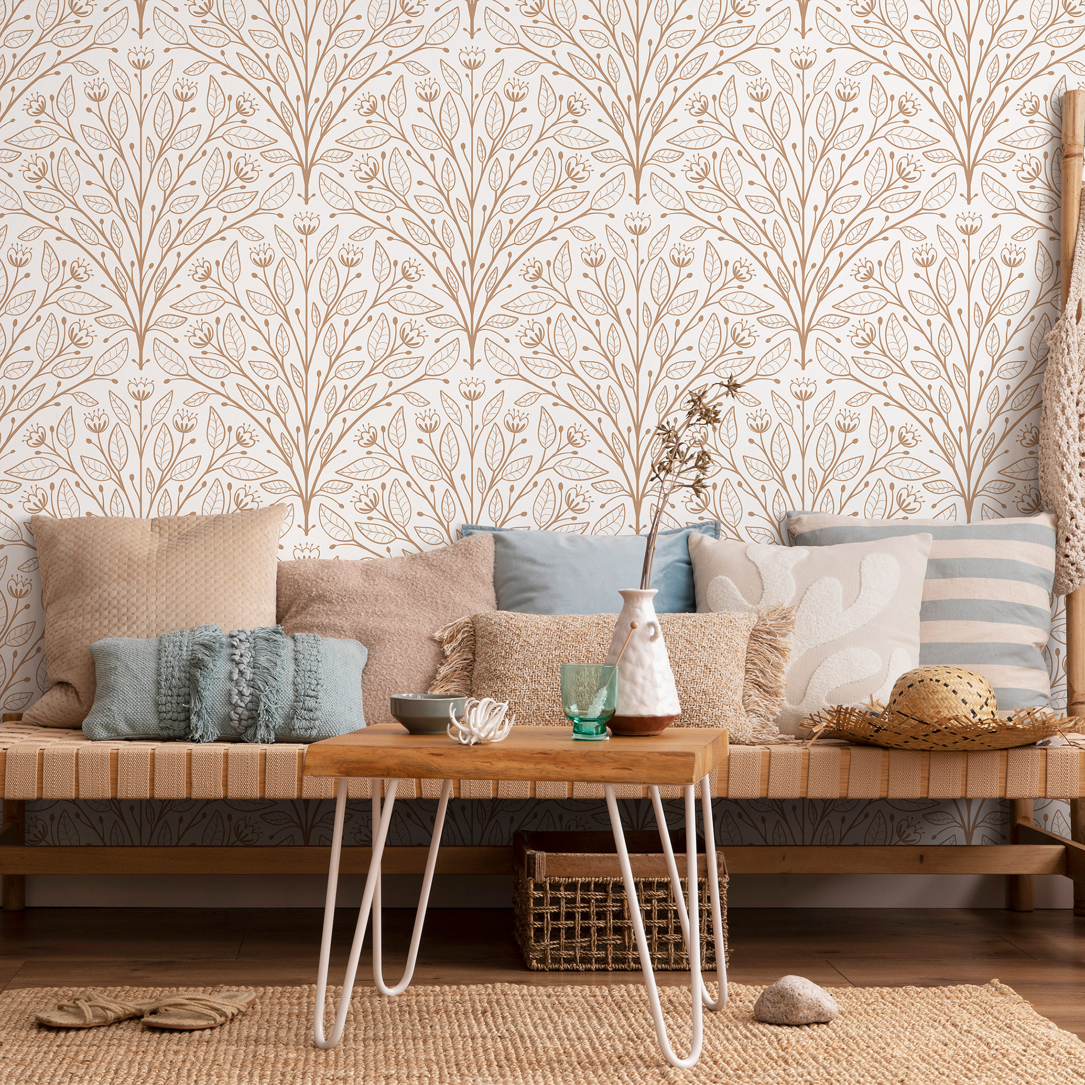 Botanical Wallpaper With A Symmetrical Branch Motif In Beige And Brown - D041