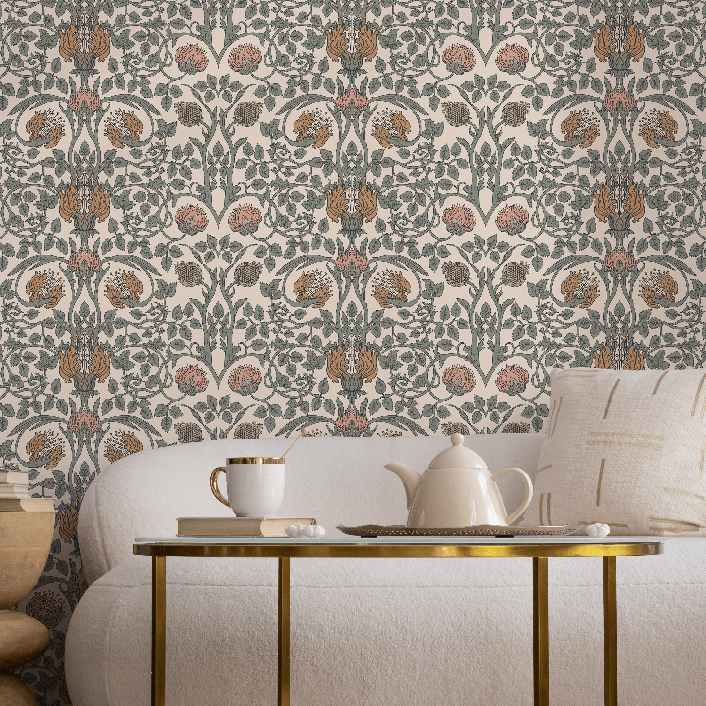 Vintage Wallpaper With An Arts And Crafts Floral Motif In Green, Pink, And Orange - D044