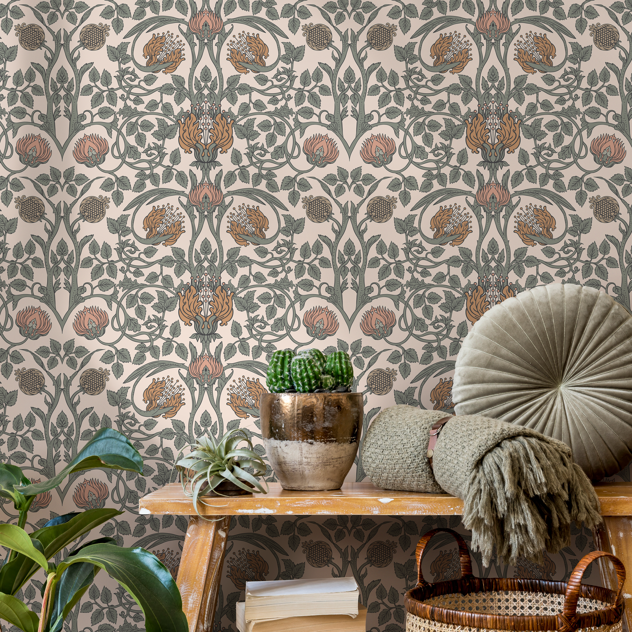 Vintage Wallpaper With An Arts And Crafts Floral Motif In Green, Pink, And Orange - D044