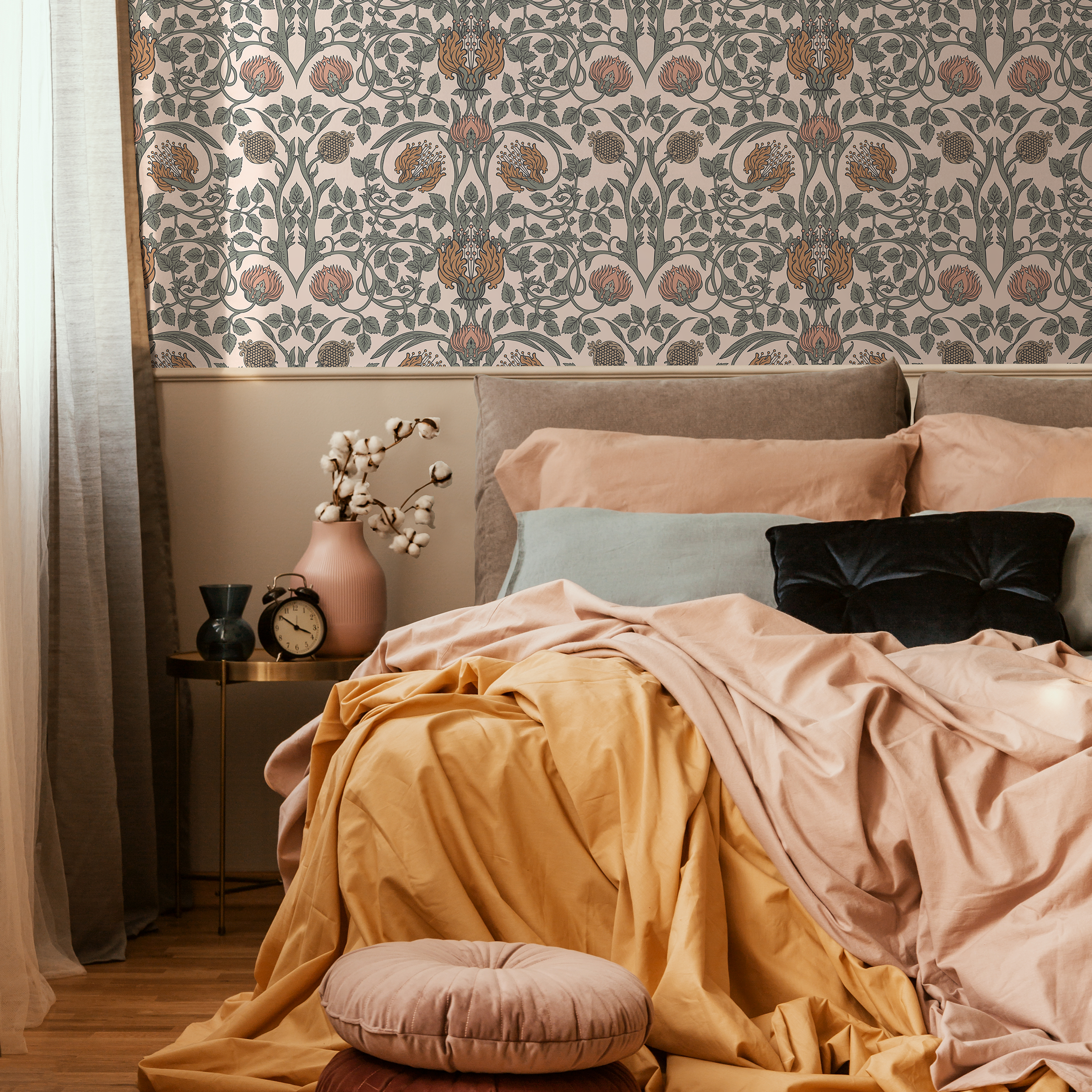 Vintage Wallpaper With An Arts And Crafts Floral Motif In Green, Pink, And Orange - D044