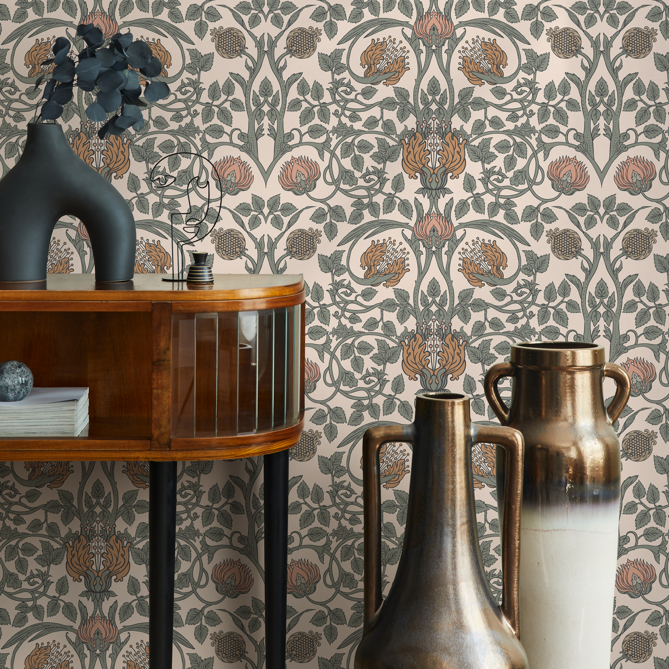 Vintage Wallpaper With An Arts And Crafts Floral Motif In Green, Pink, And Orange - D044