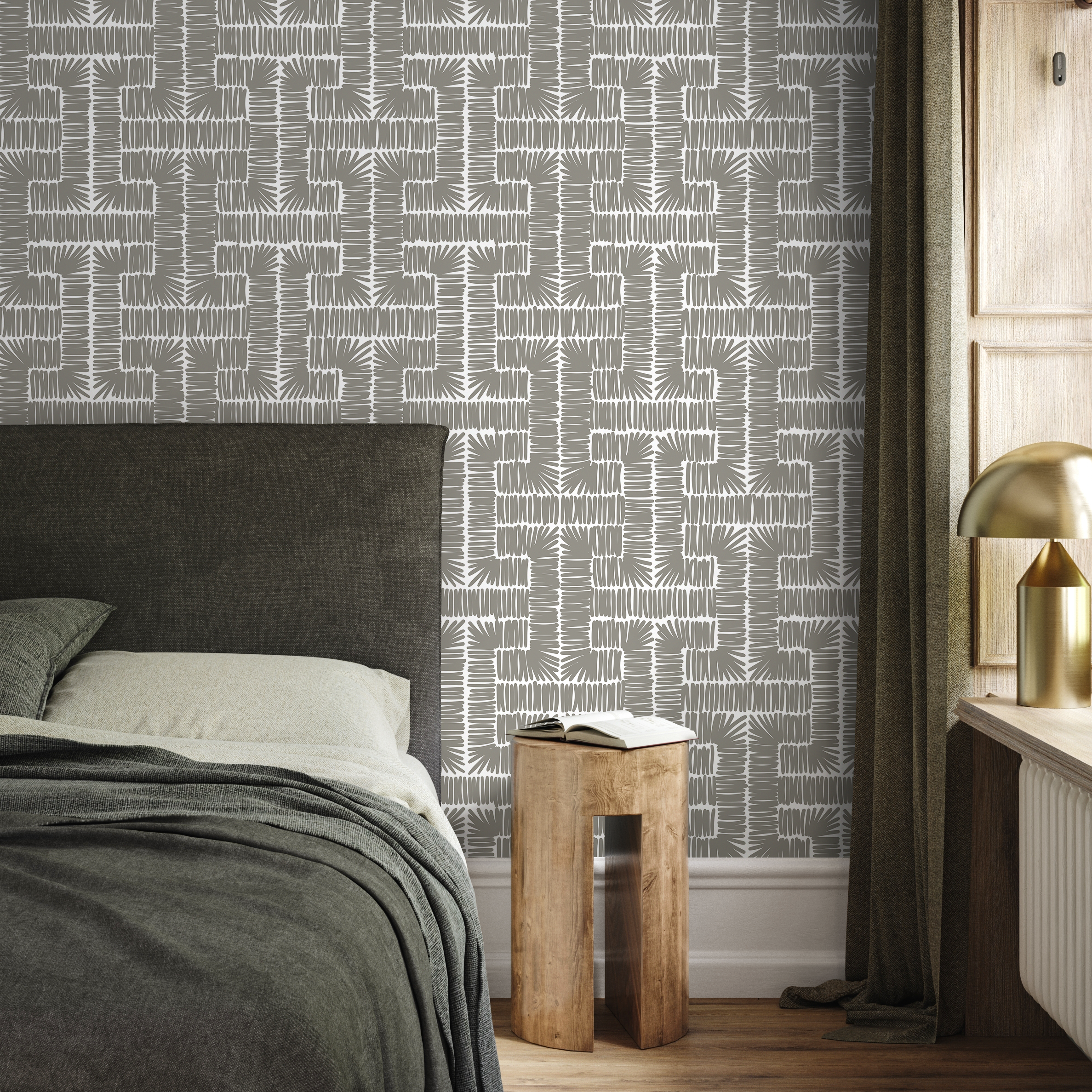 Geometric Wallpaper With A Hand-drawn Labyrinth Motif In Gray And White - D048