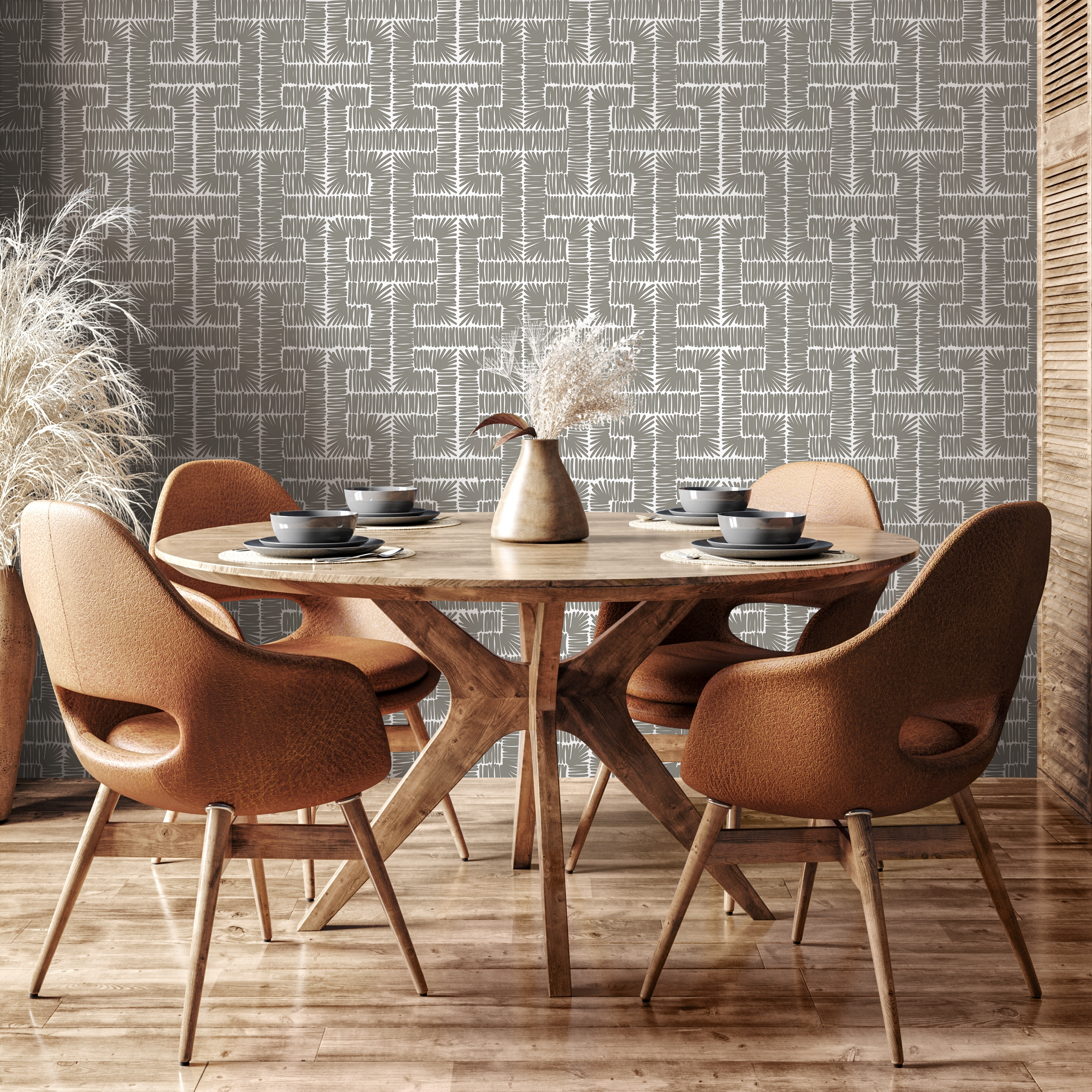 Geometric Wallpaper With A Hand-drawn Labyrinth Motif In Gray And White - D048