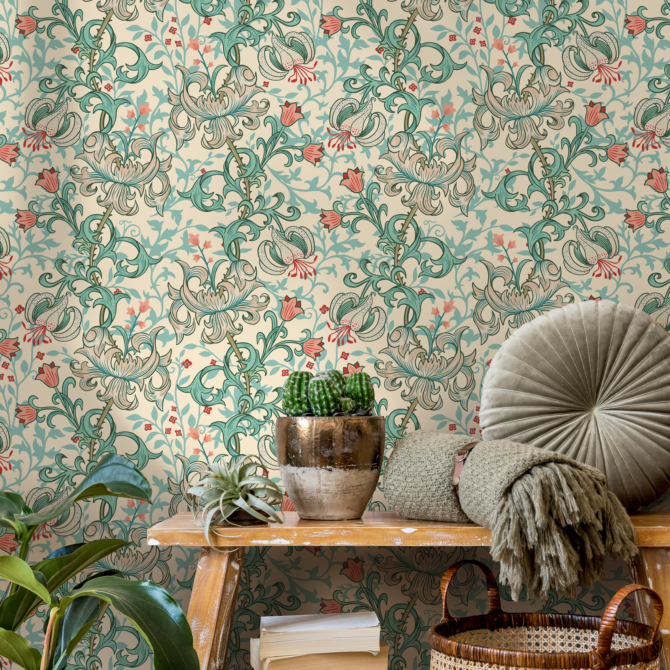 Vintage Floral Wallpaper With A Lily Motif In Teal, Coral, And Cream - D057