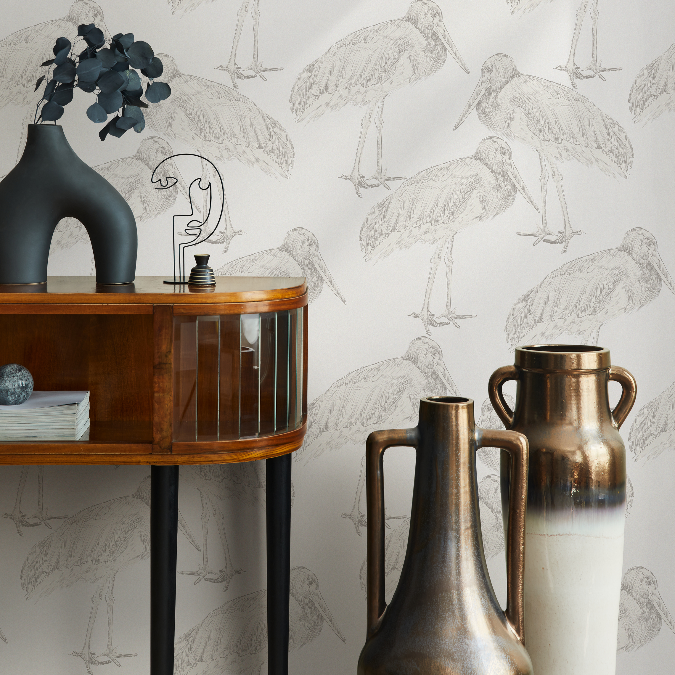 Bird Wallpaper With A Hand-drawn Crane Motif In Neutral Gray - D059