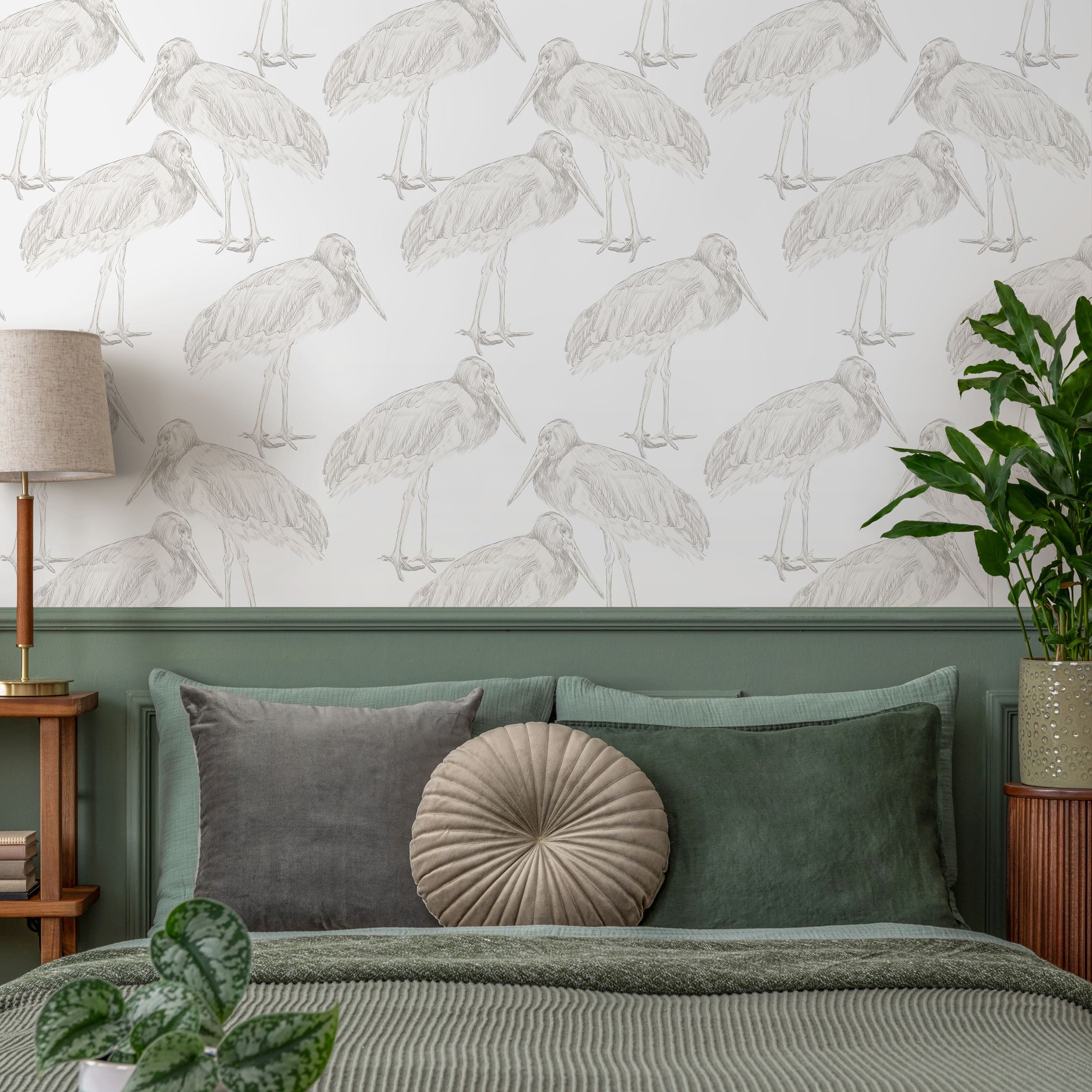 Bird Wallpaper With A Hand-drawn Crane Motif In Neutral Gray - D059