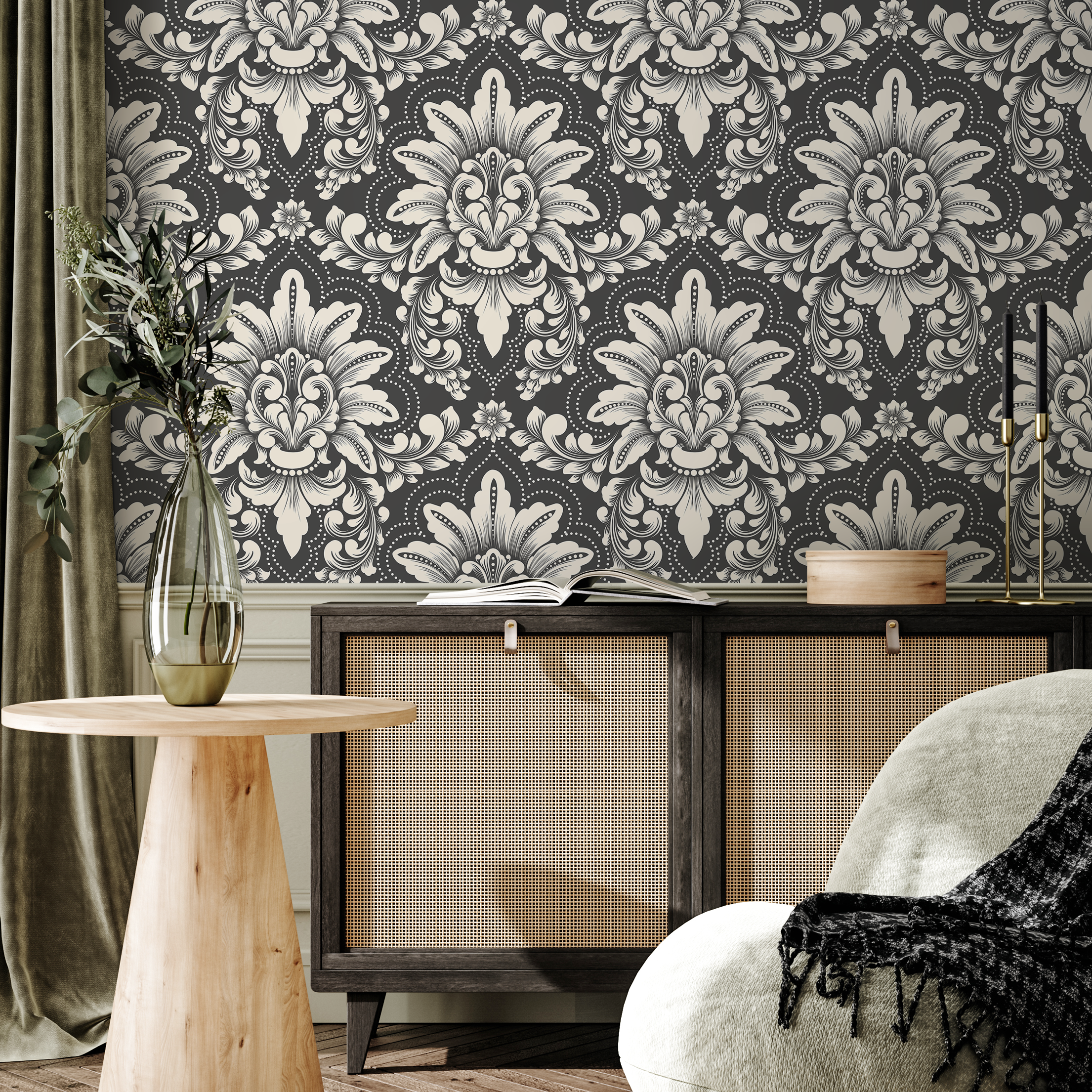 Damask Wallpaper With An Intricate Vintage Motif In Charcoal Gray And Cream - D063