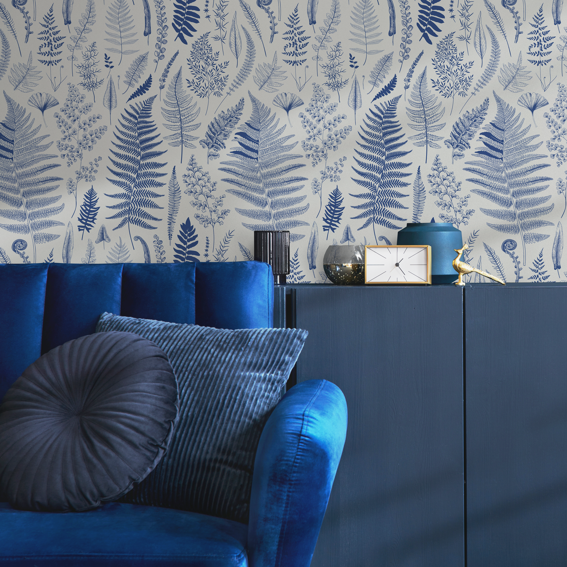 Botanical Wallpaper Featuring An Intricate Fern Motif In Blue - D067