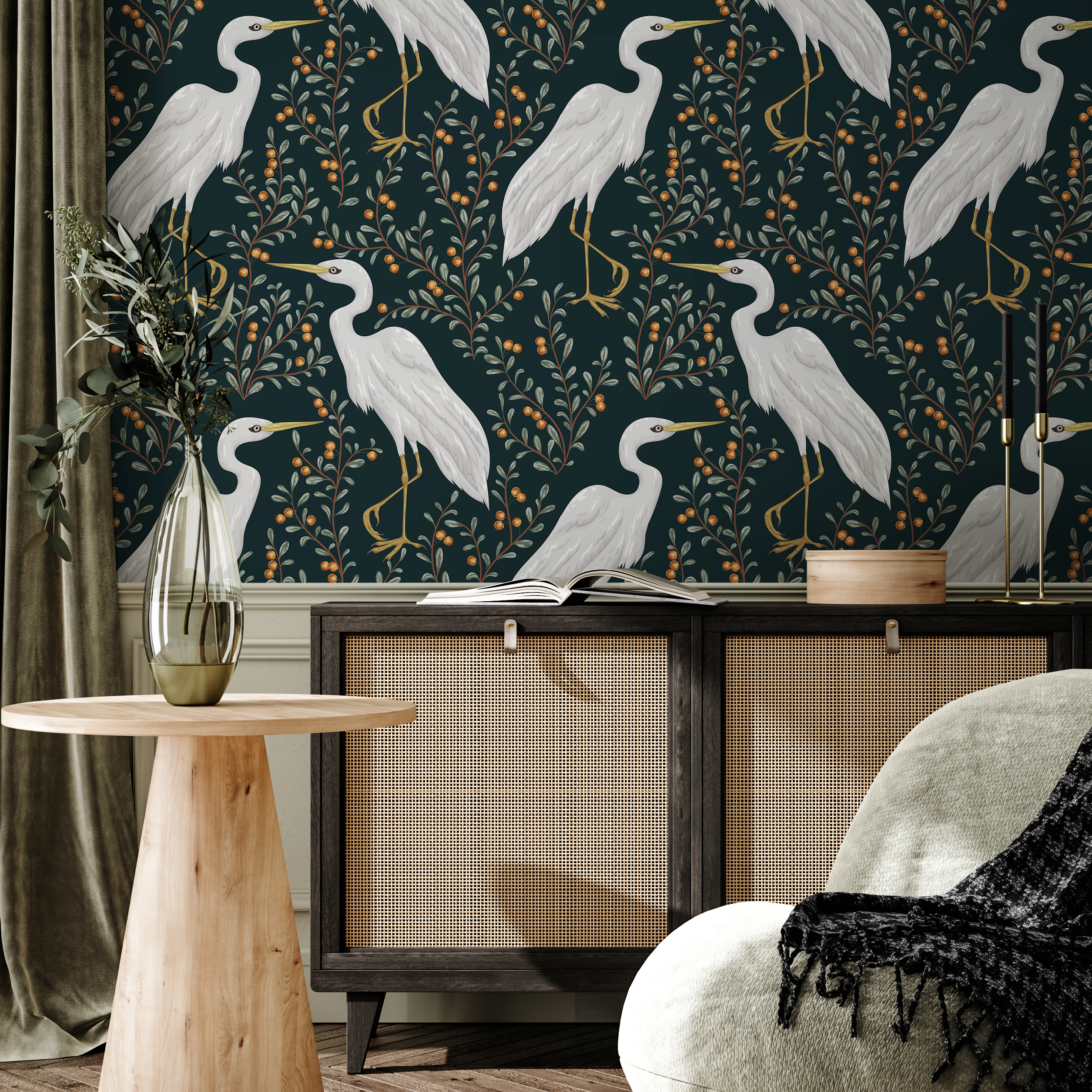 Bird Wallpaper Featuring Elegant Cranes And Berry Branches In Dark Teal And White - D072