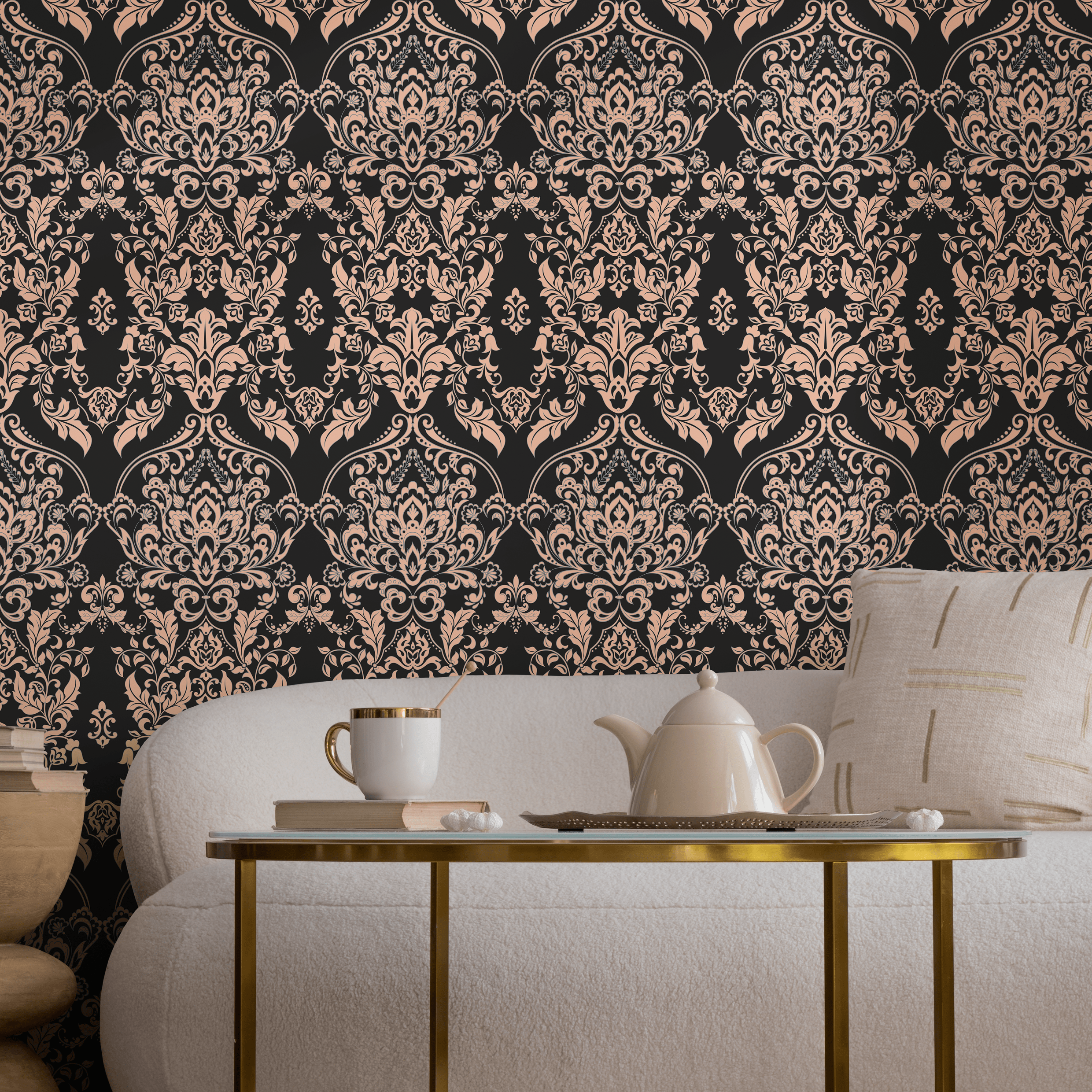 Victorian Wallpaper With An Ornate Damask Motif In Black And Rose Gold - D076