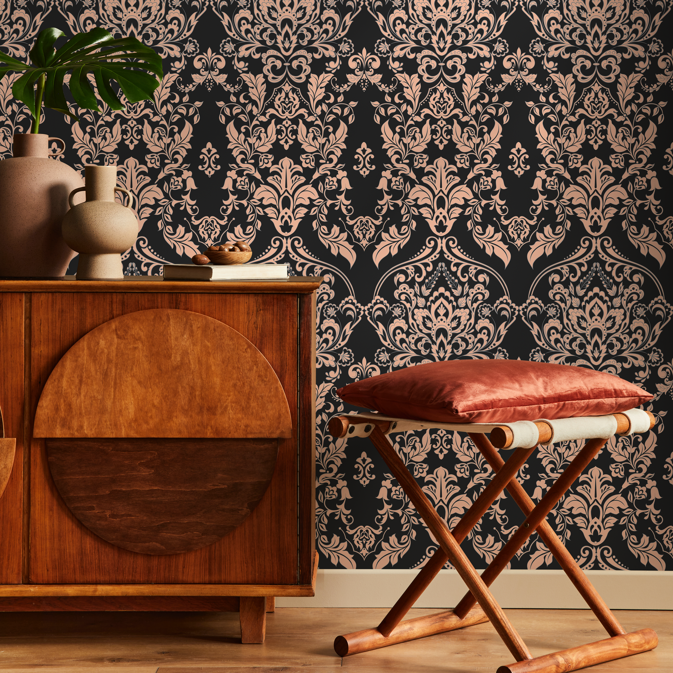 Victorian Wallpaper With An Ornate Damask Motif In Black And Rose Gold - D076