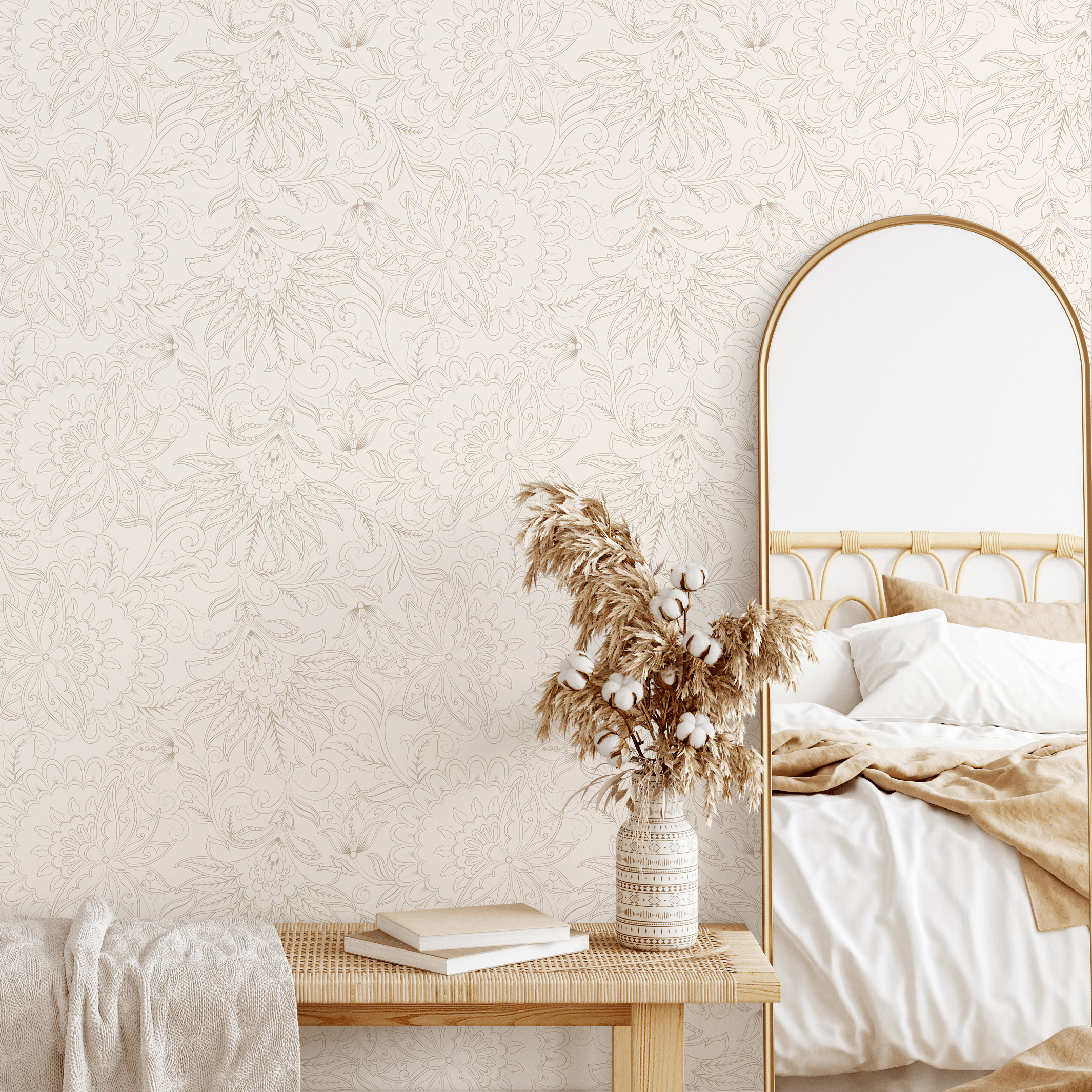 Victorian Wallpaper With Intricate Floral Line Art In Beige And Cream - D082